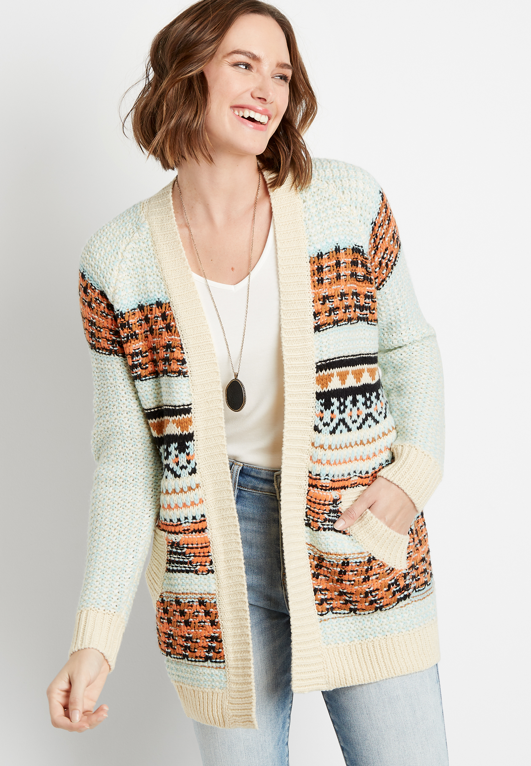 Fair Isle Open Front Pocket Cardigan | maurices