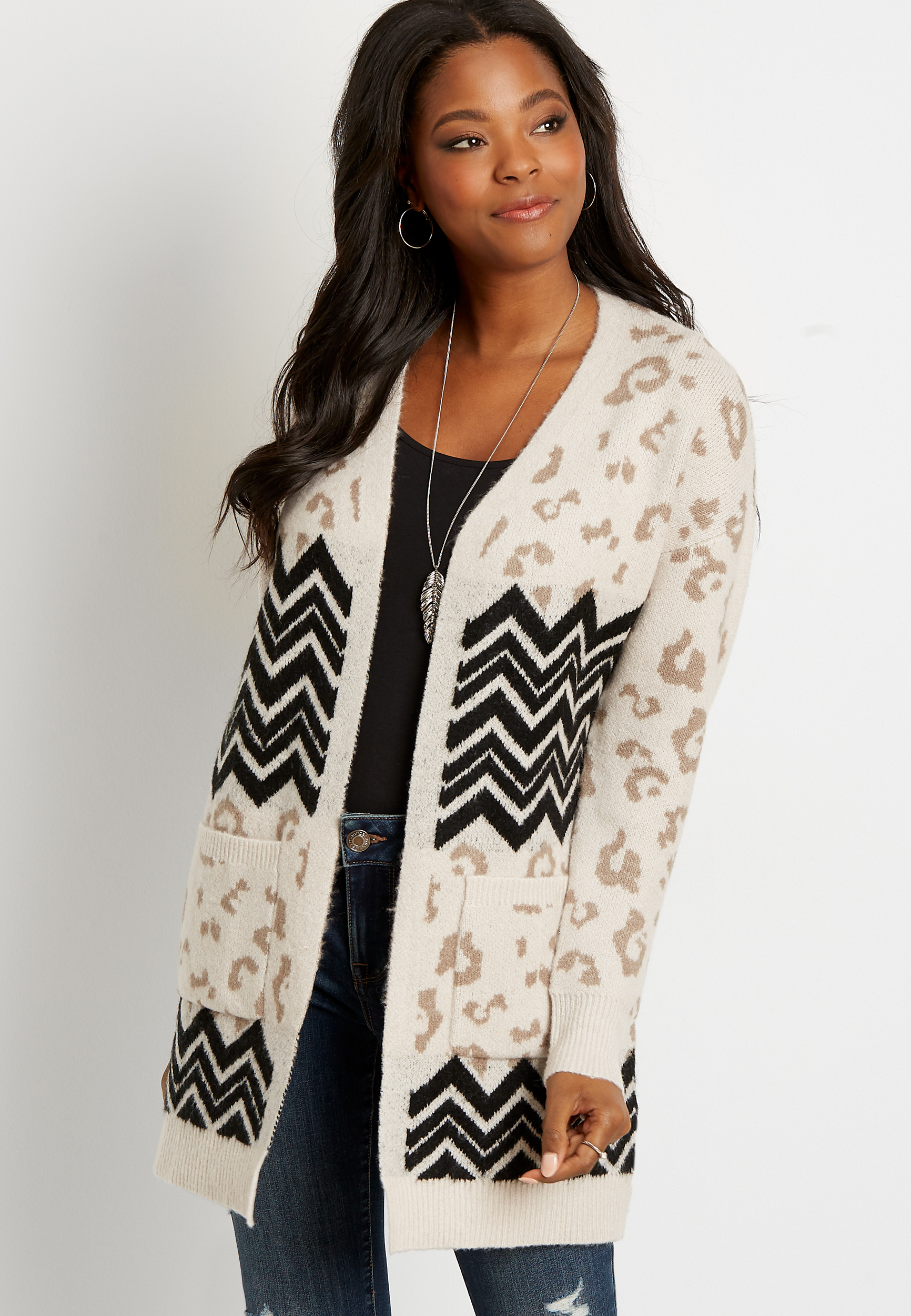 Chevron Leopard Open Front Pocket Cardigan | maurices