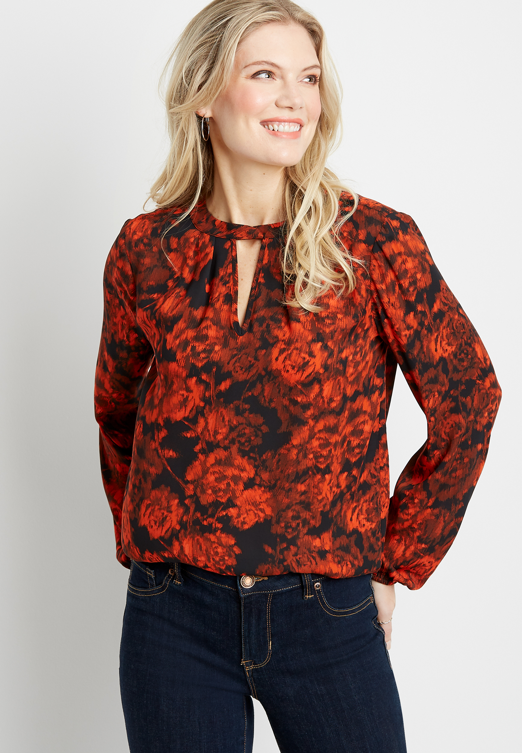 Black Floral Twist Cut Out Neck Blouse | maurices