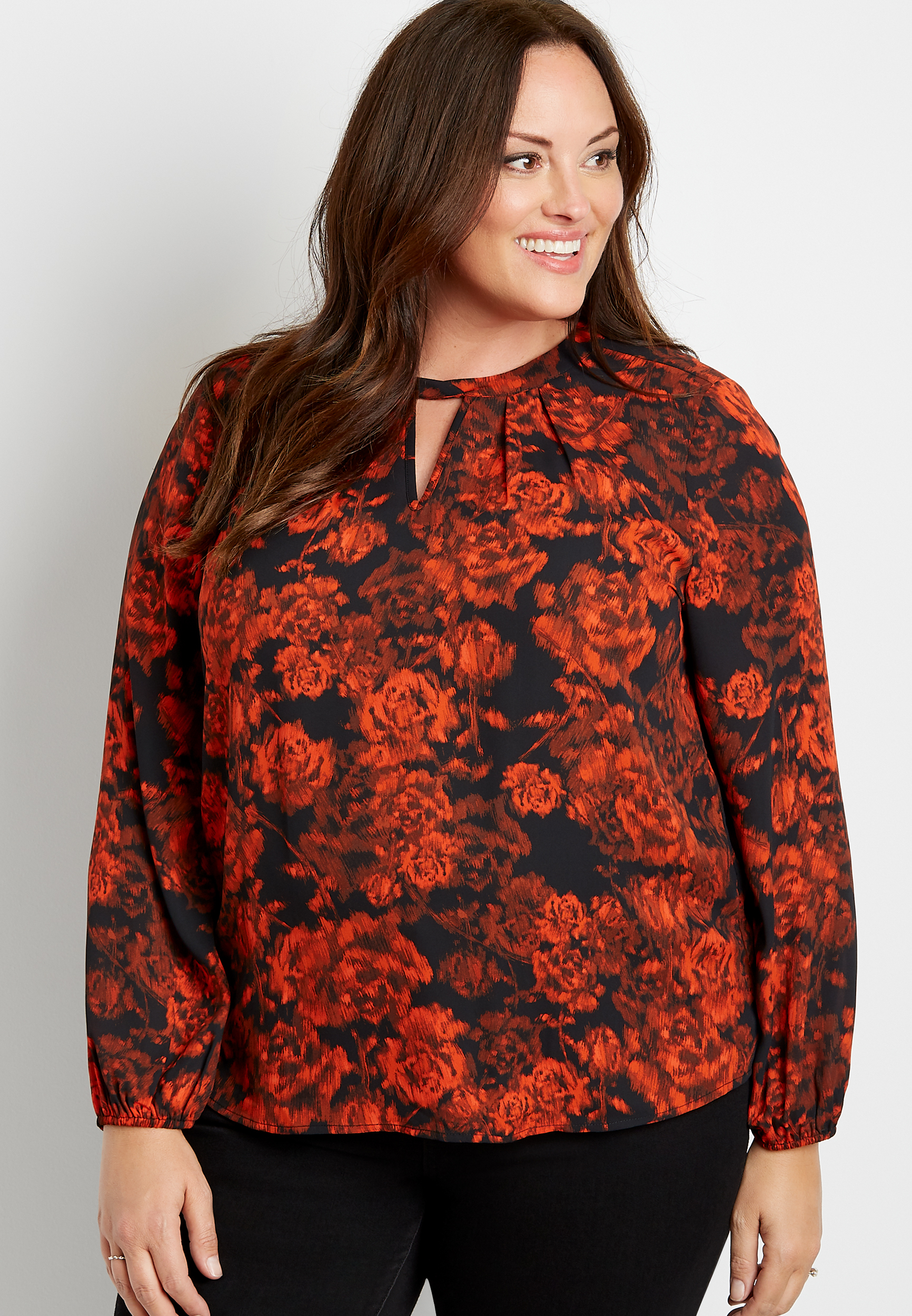Image of Maurices Plus Size Womens Black Floral Twist Cut Out Neck Blouse