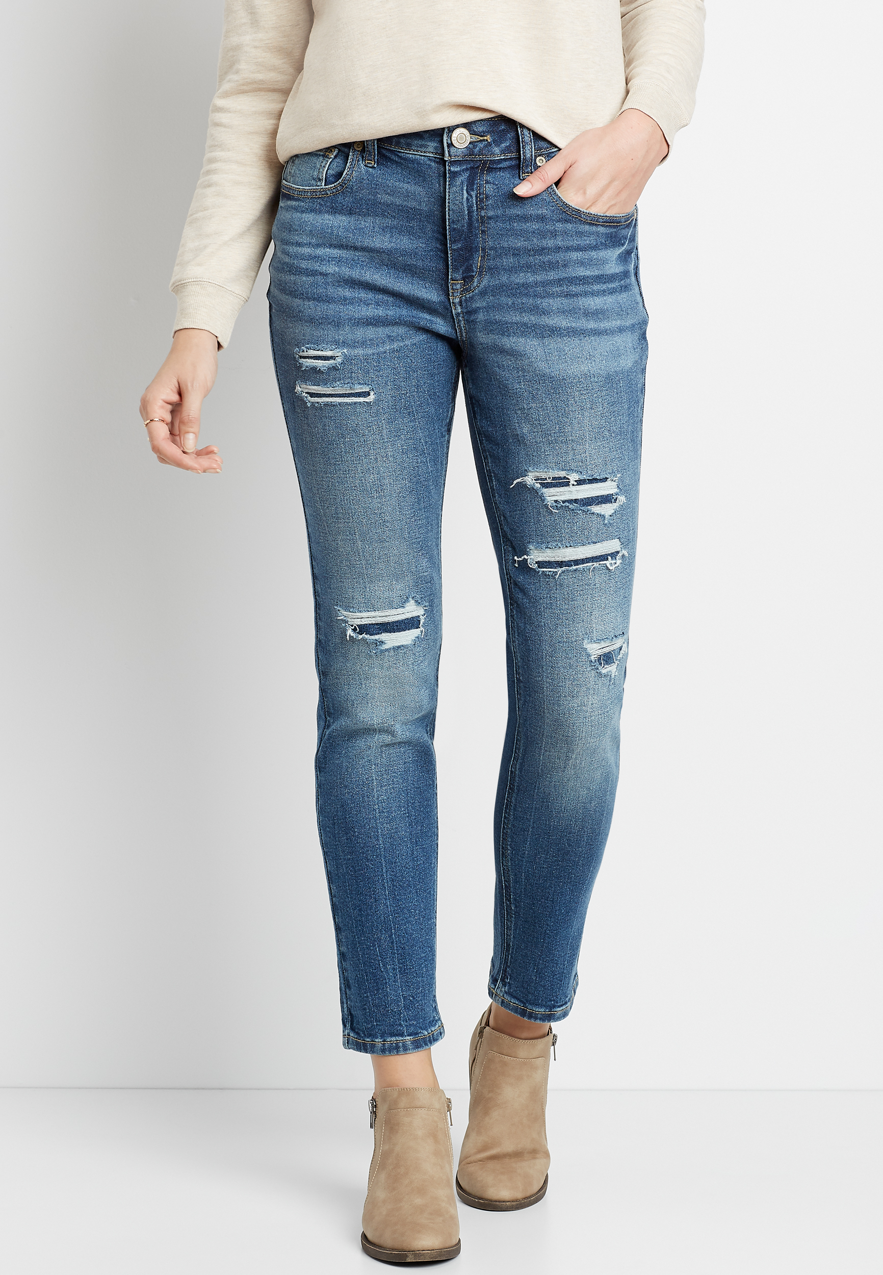 Vintage High Rise Medium Back Destructed Slim Straight Leg Jean | maurices