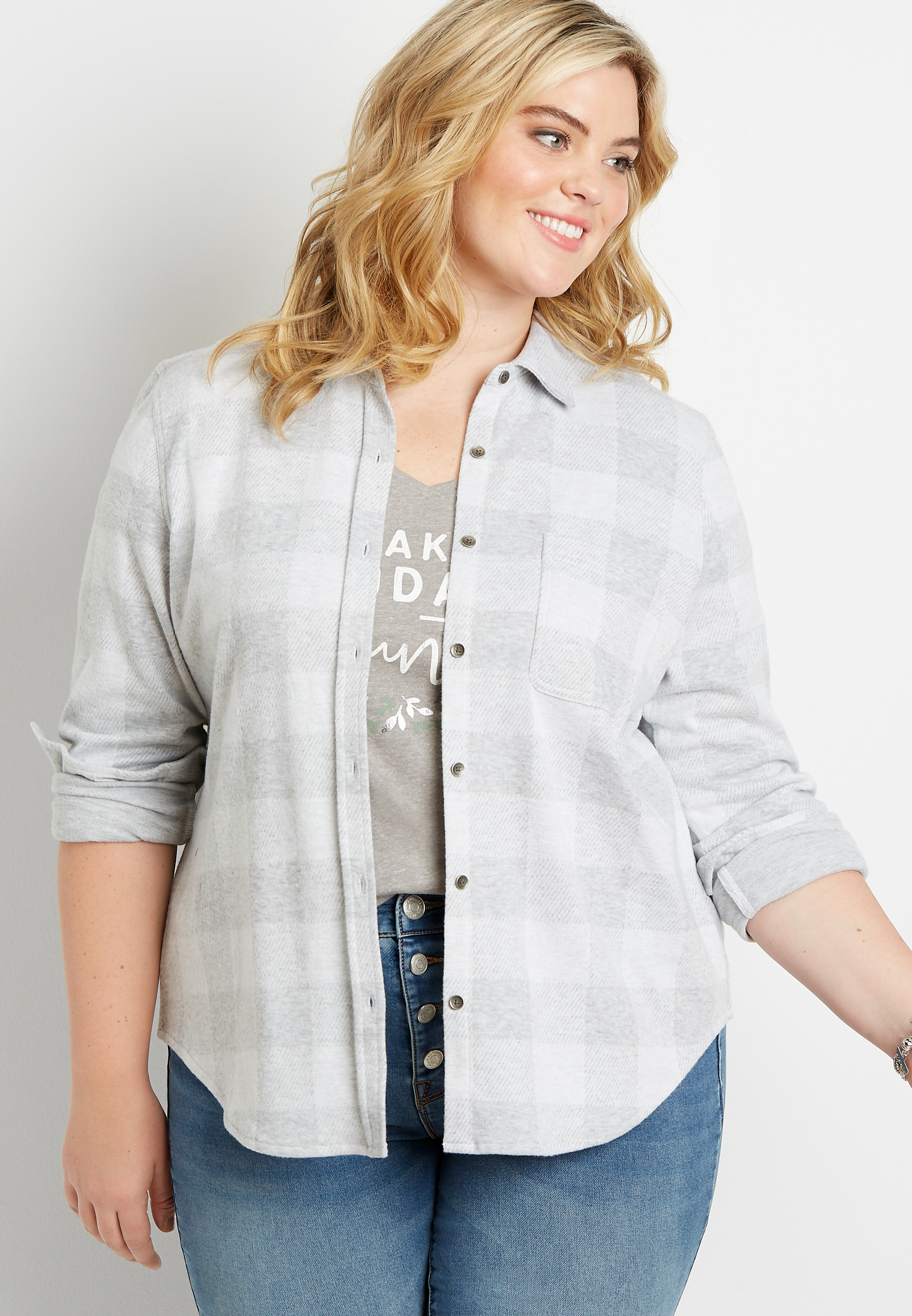 Plus Size Light Heather Gray Plaid Cozy Knit Flannel Button Down Shirt ...