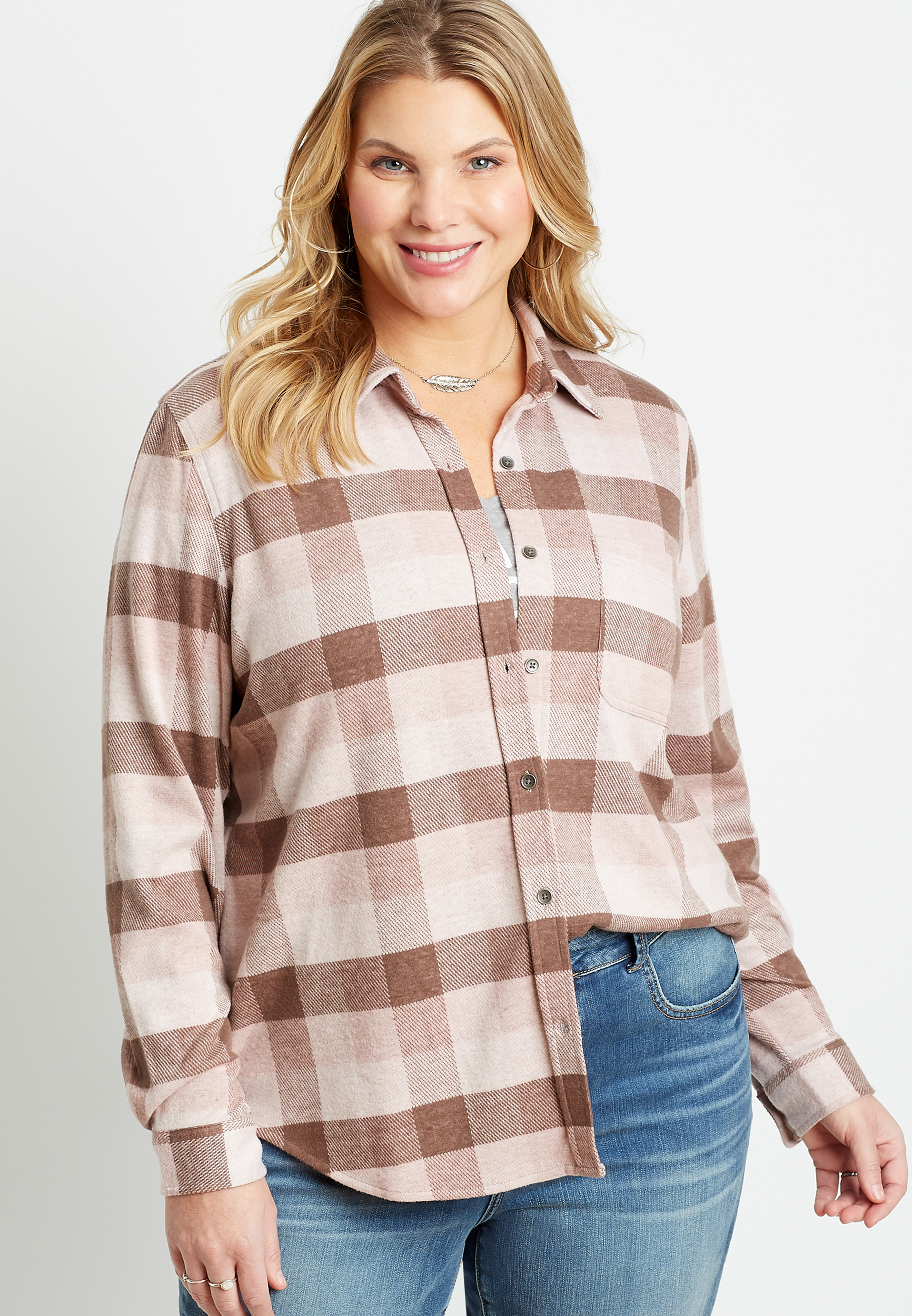 Image of Maurices Plus Size Womens Buffalo Plaid Cozy Knit Flannel Button Down Shirt Brown