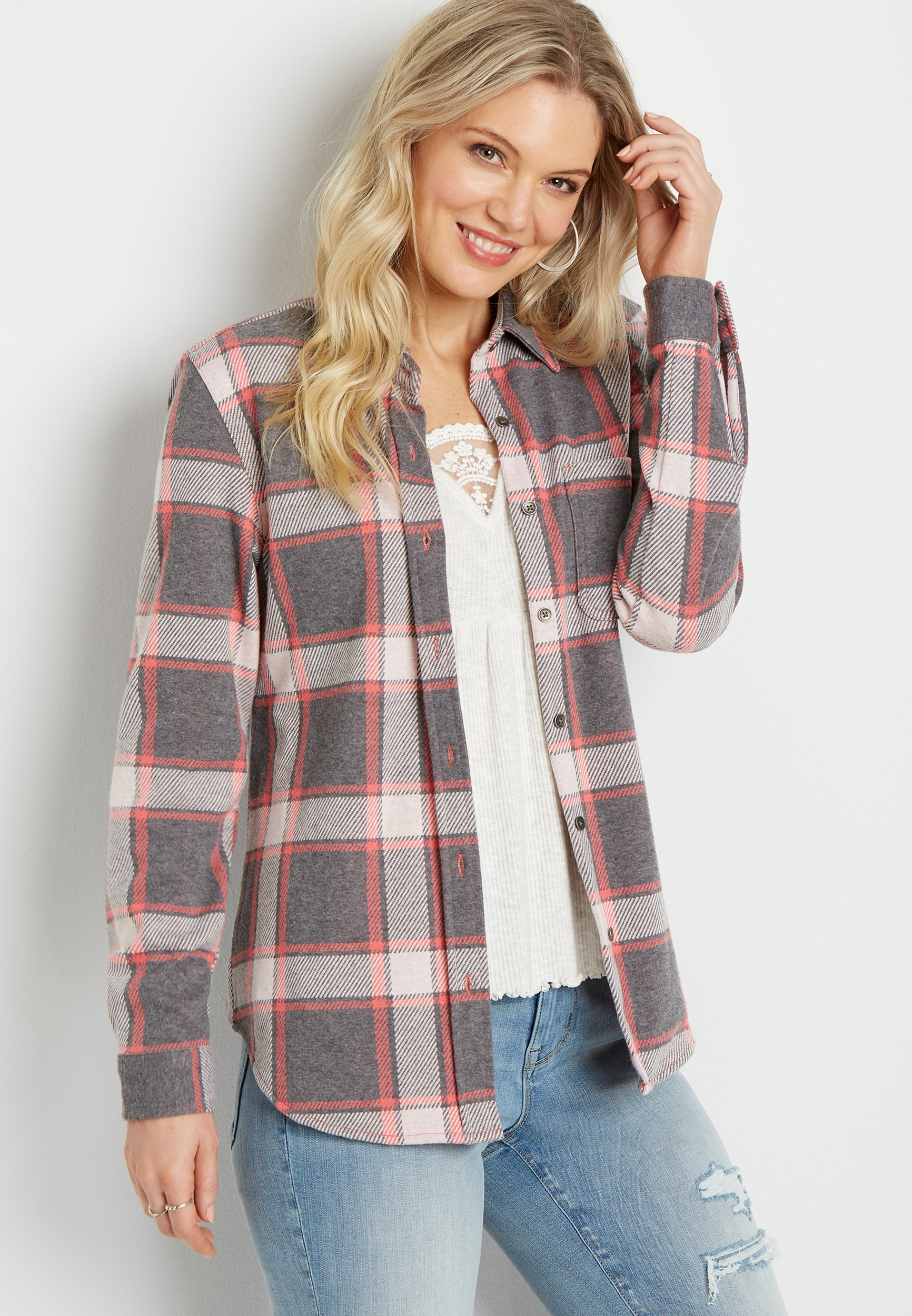 Gray Plaid Cozy Knit Flannel Button Down Shirt | maurices