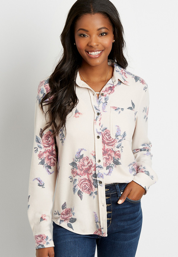 Floral Cozy Knit Flannel Button Down Shirt | maurices