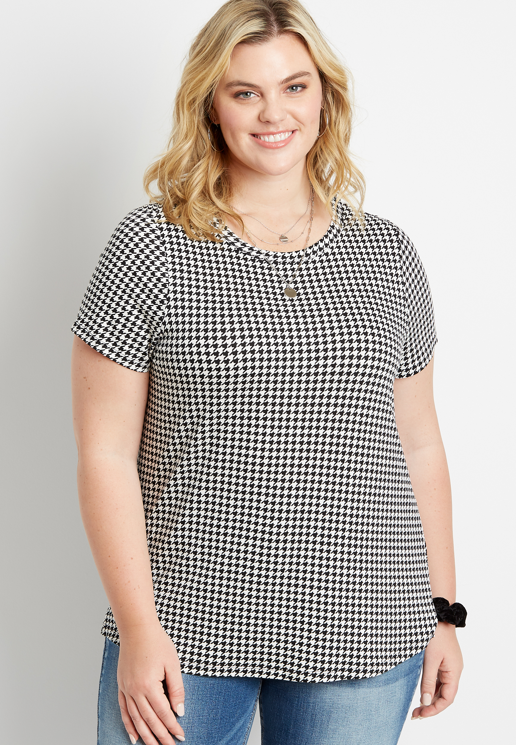 Plus Size 24/7 Black Houndstooth Crew Neck Classic Tee | maurices