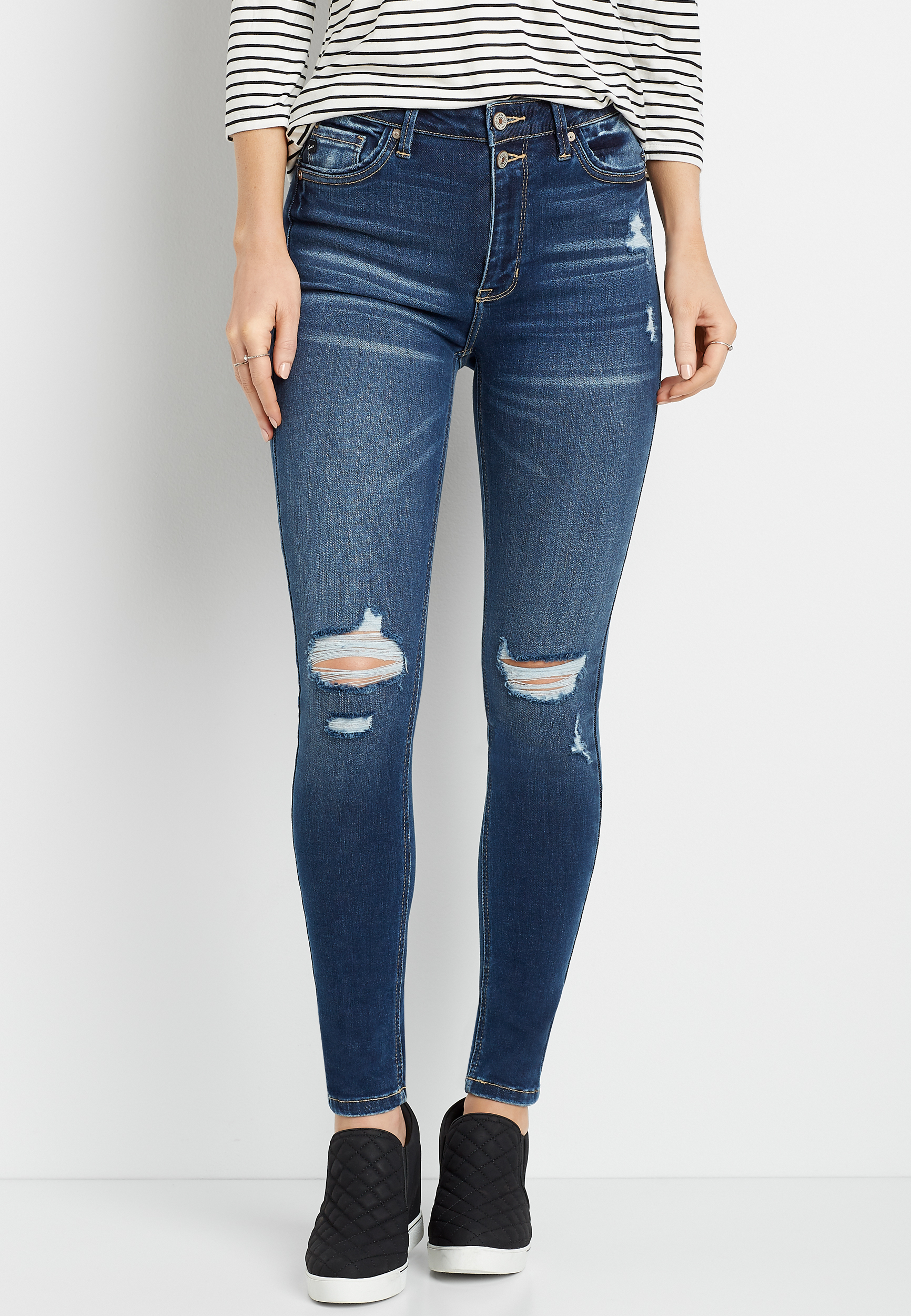 Image of Maurices Womens Kancan&trade; High Rise Dark Destructed Skinny Jeans Blue