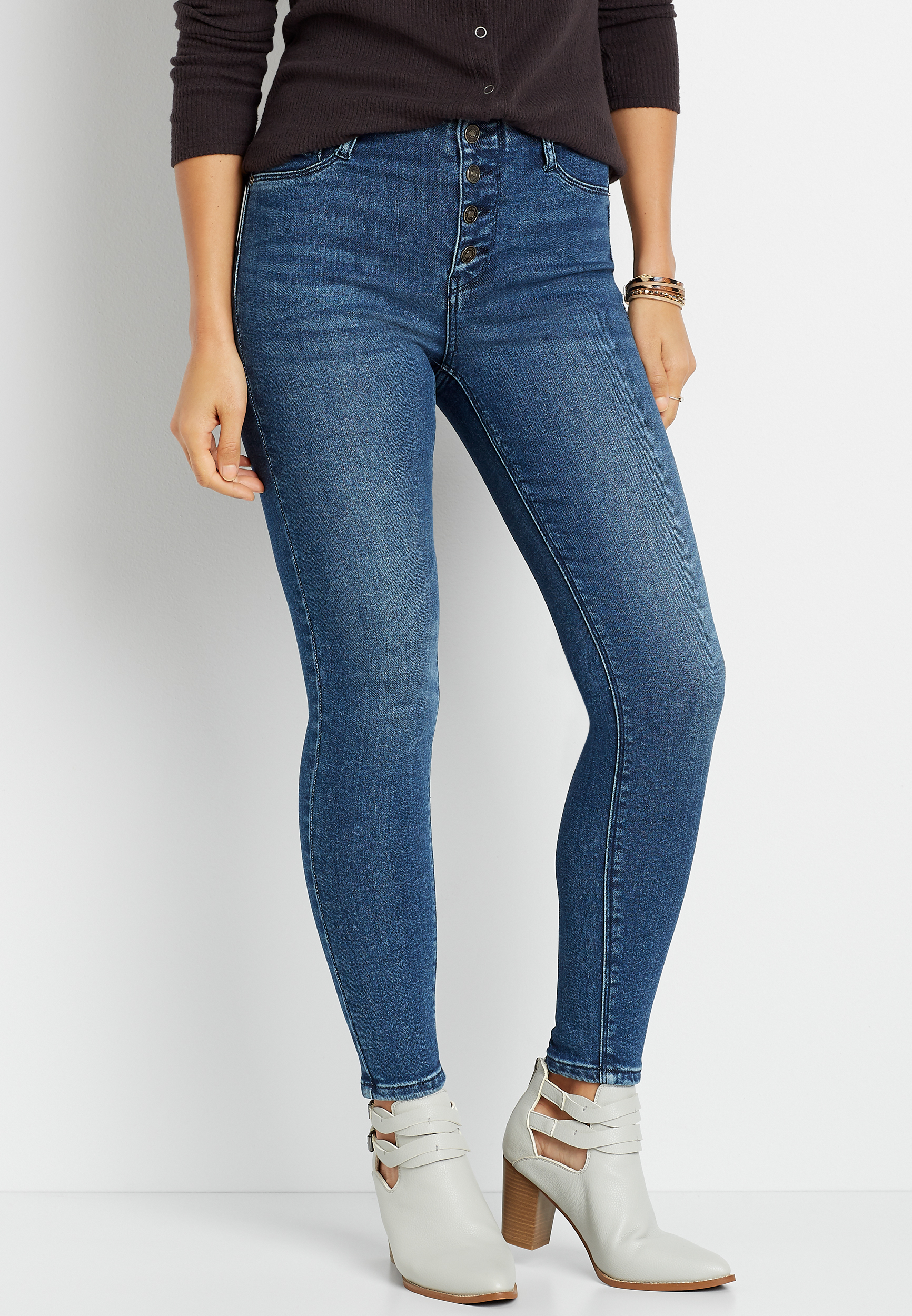 Image of Maurices Womens Kancan&trade; High Rise Dark Open Waistband Button Fly Skinny Jeans Blue