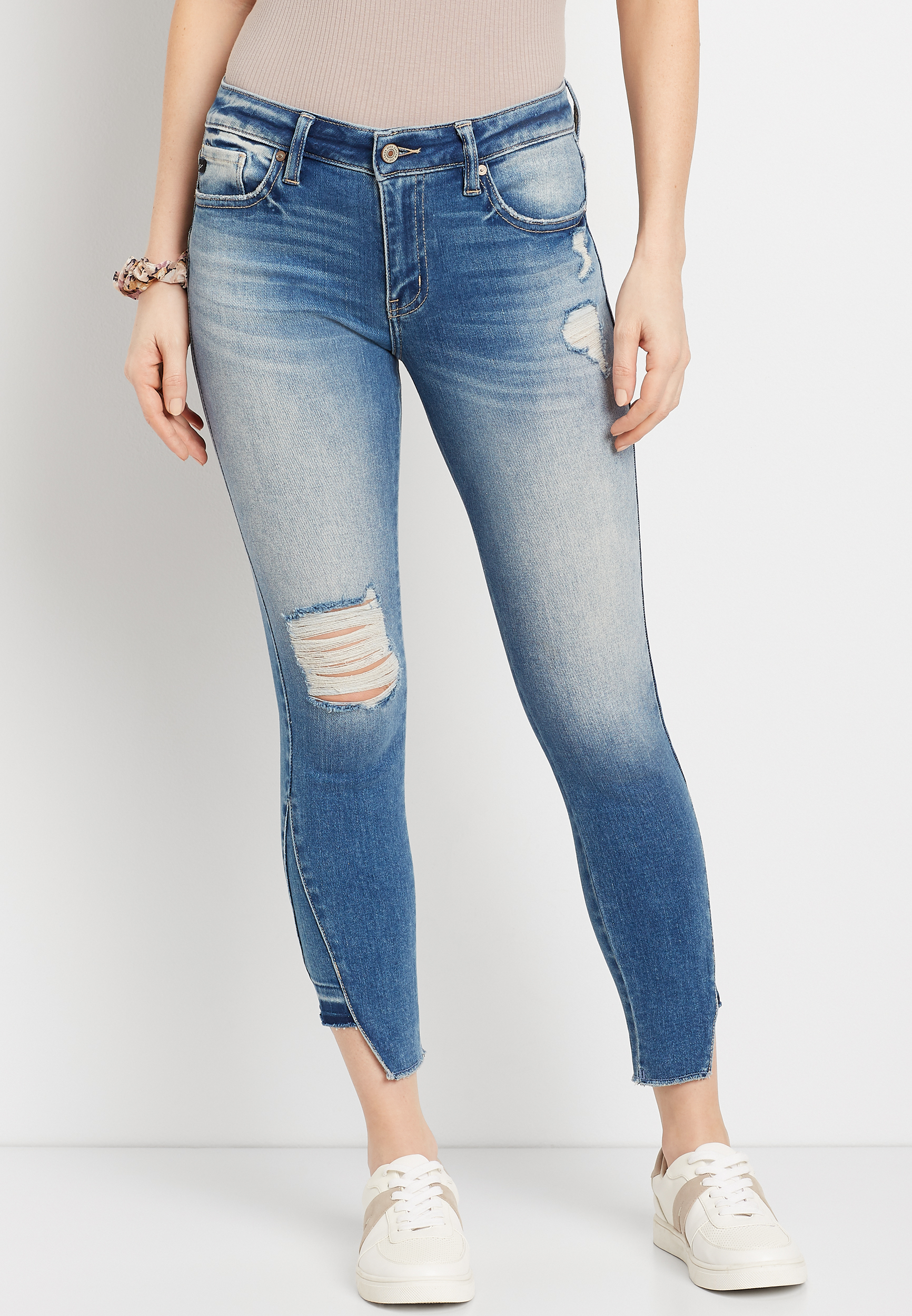 Image of Maurices Womens Kancan&trade; Medium Destructed Release Inset Hem Skinny Ankle Jeans Blue