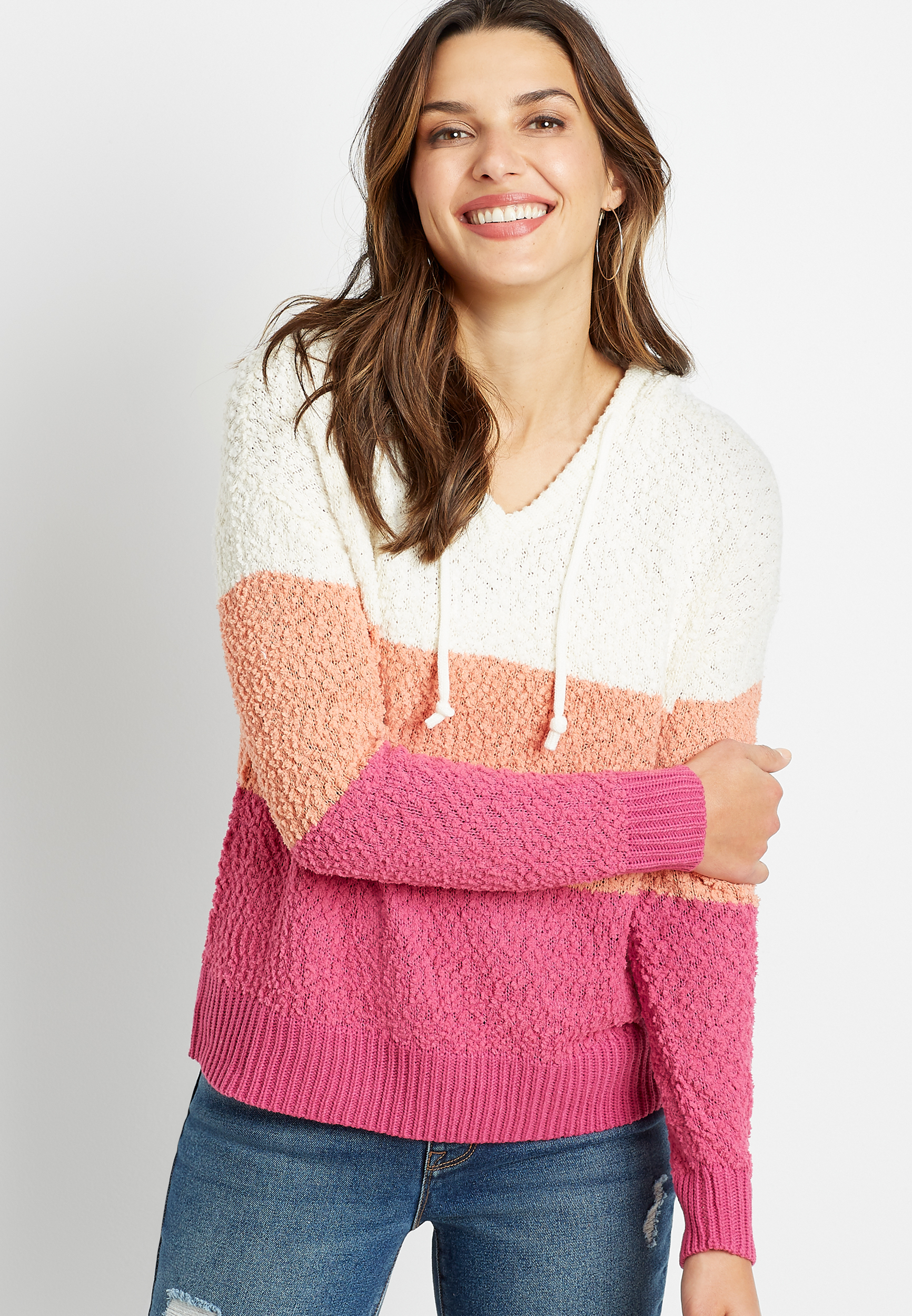 Pink Colorblock Hooded Pullover Sweater | maurices