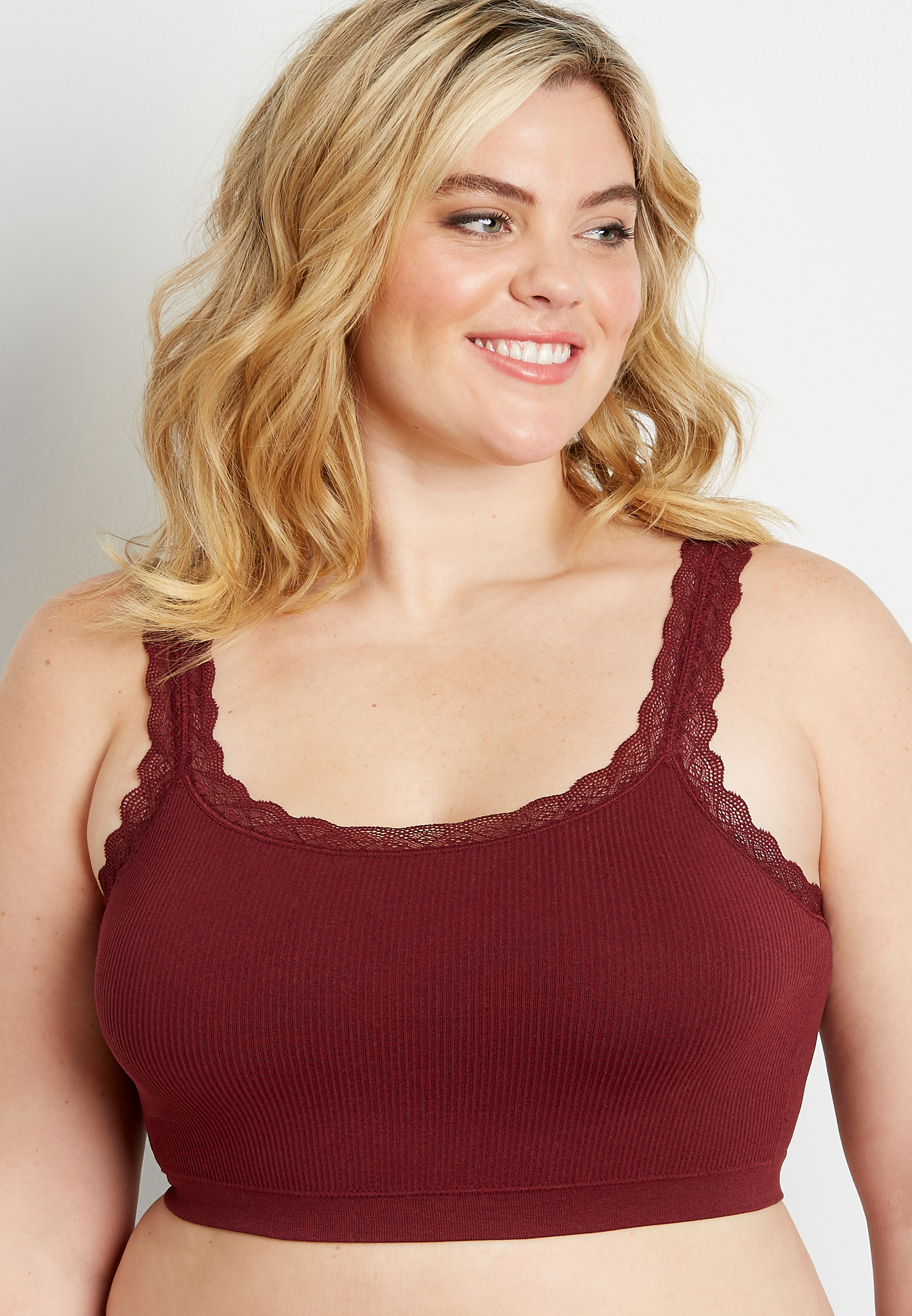 Plus Size Berry Ribbed Lace Seamless Bralette | maurices