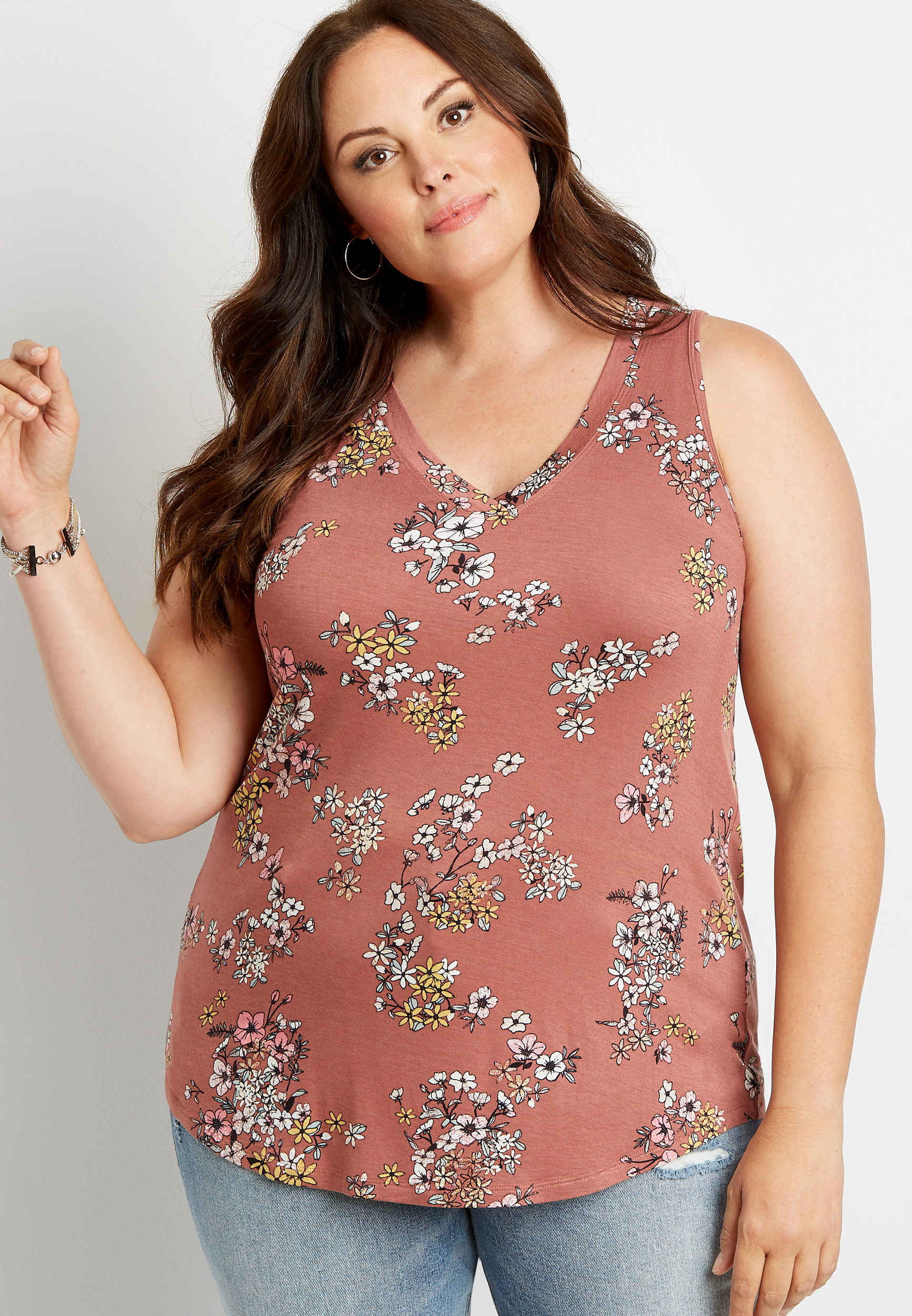 Image of Maurices Plus Size Womens / Floral V Neck Tank Top Brown