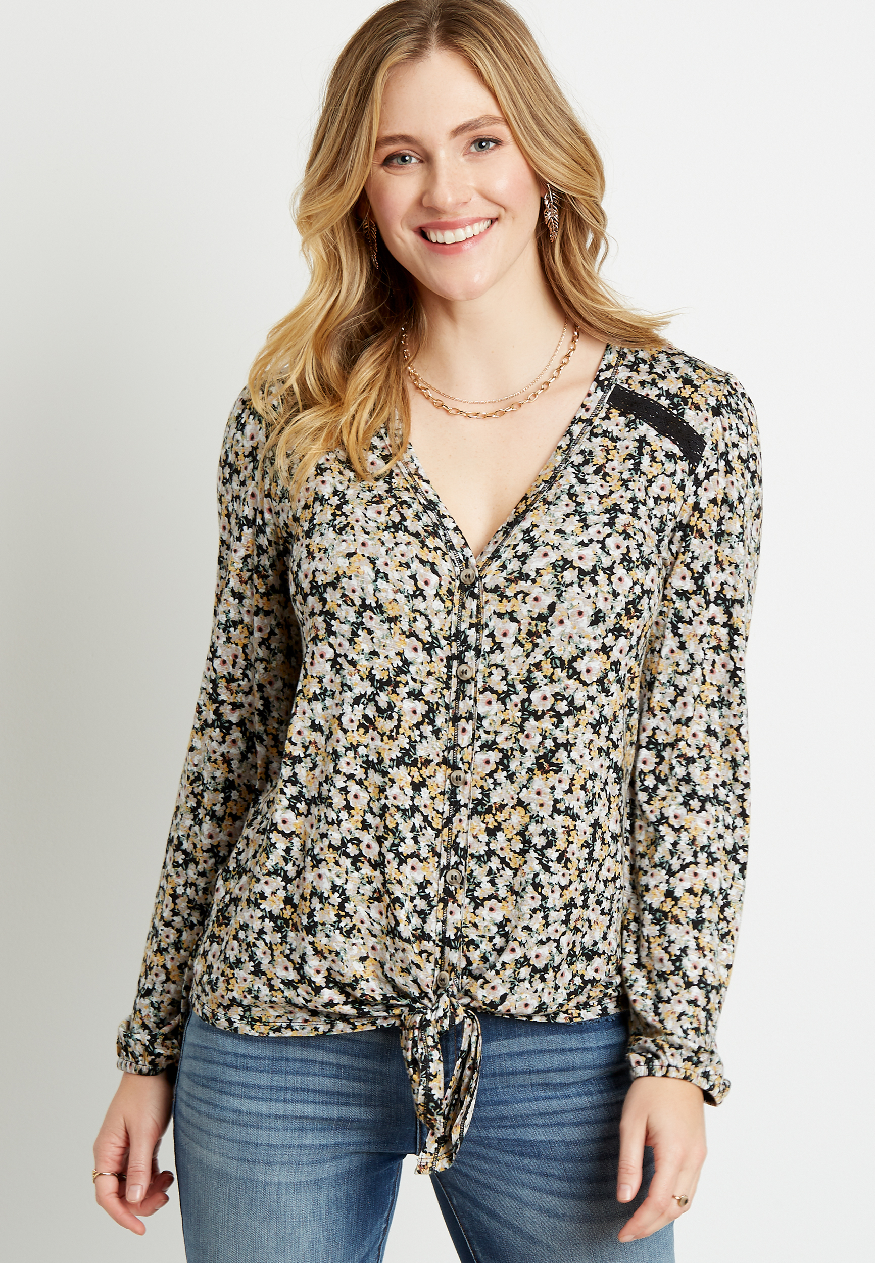Black Floral Button Down Tie Front Top | maurices