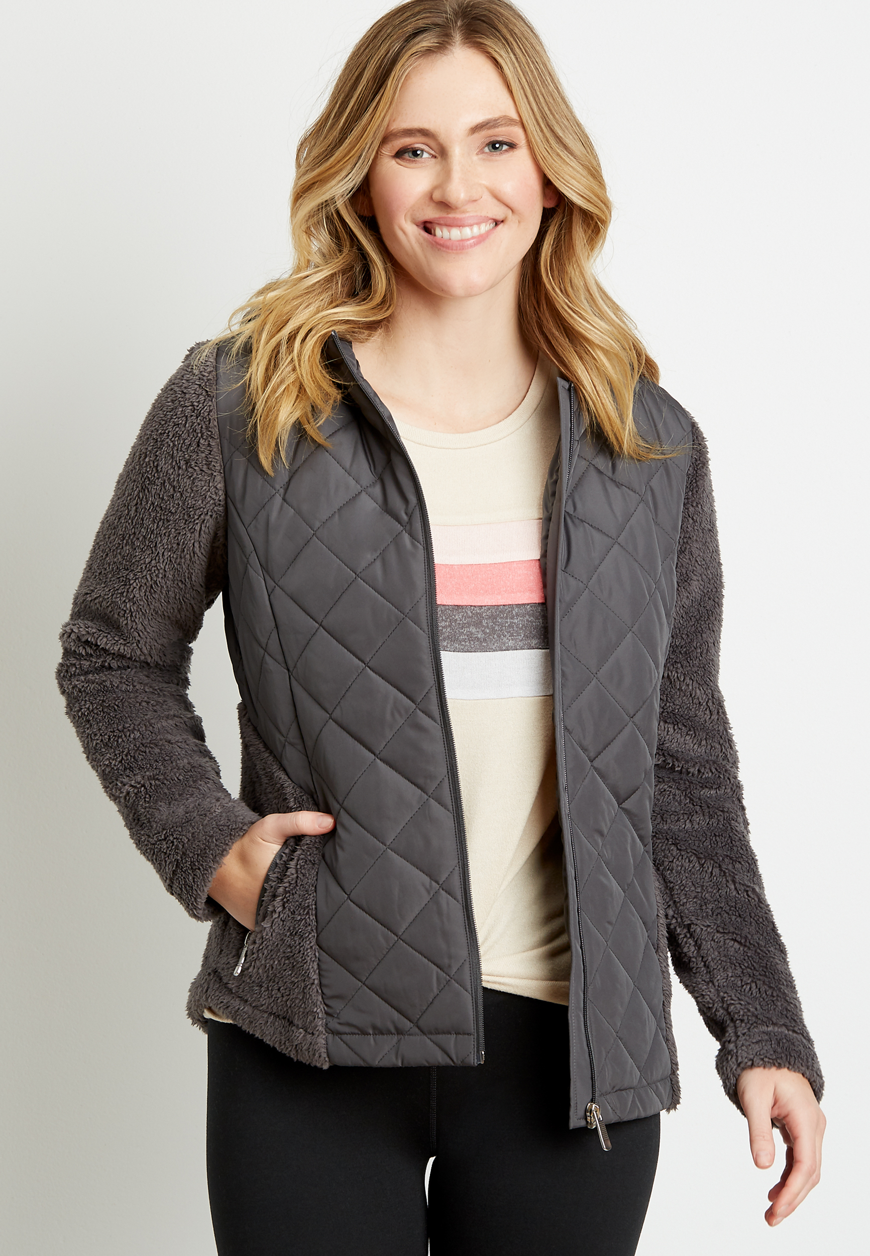 Gray Quilted Front Sherpa Hooded Jacket | maurices