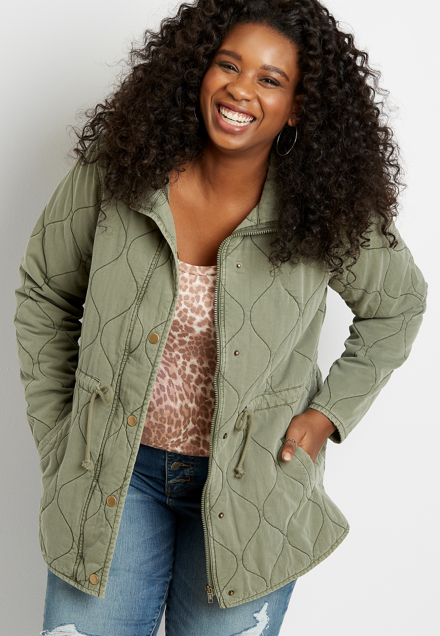 Plus Size Green Quilted Cinched Waist Jacket | maurices