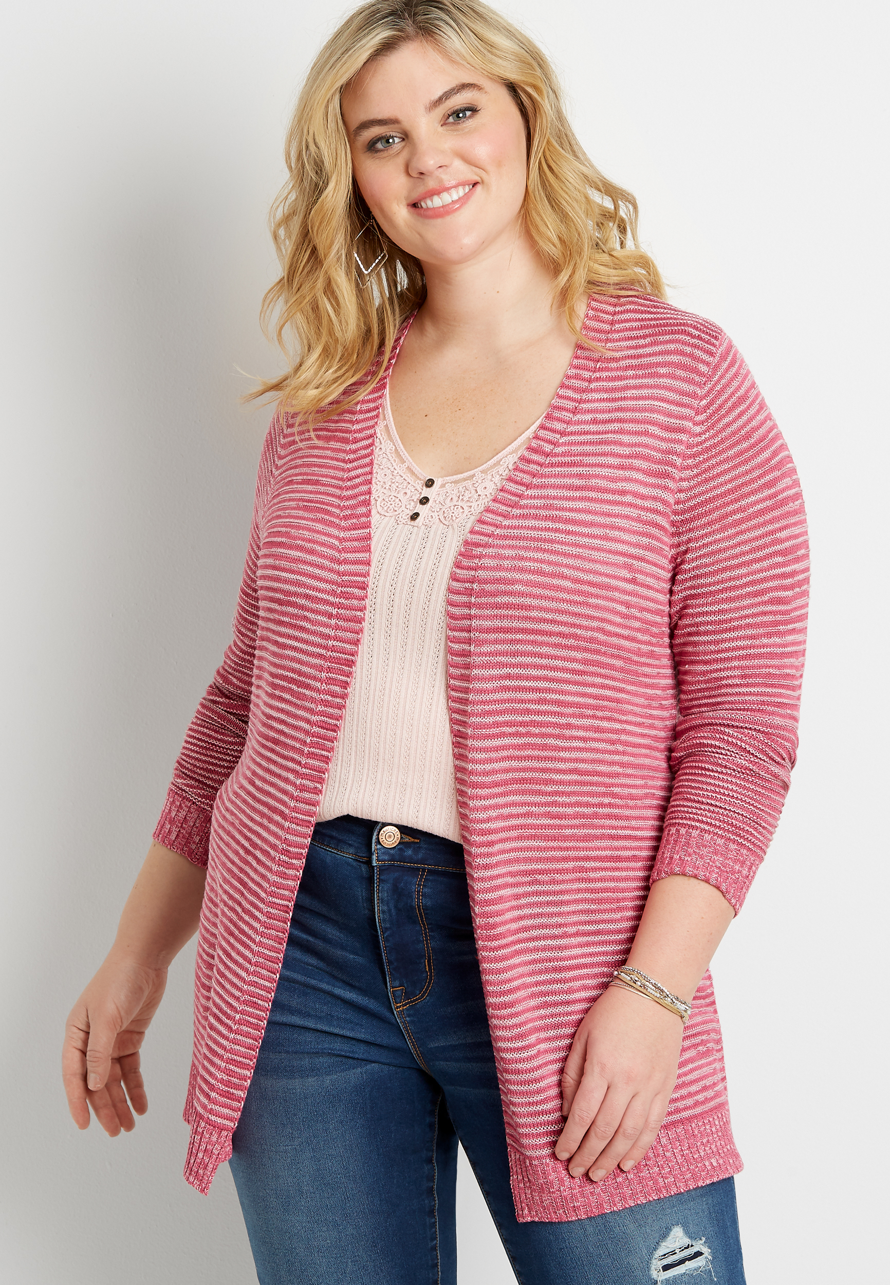 Plus Size Striped Washed Yarn Cardigan | maurices