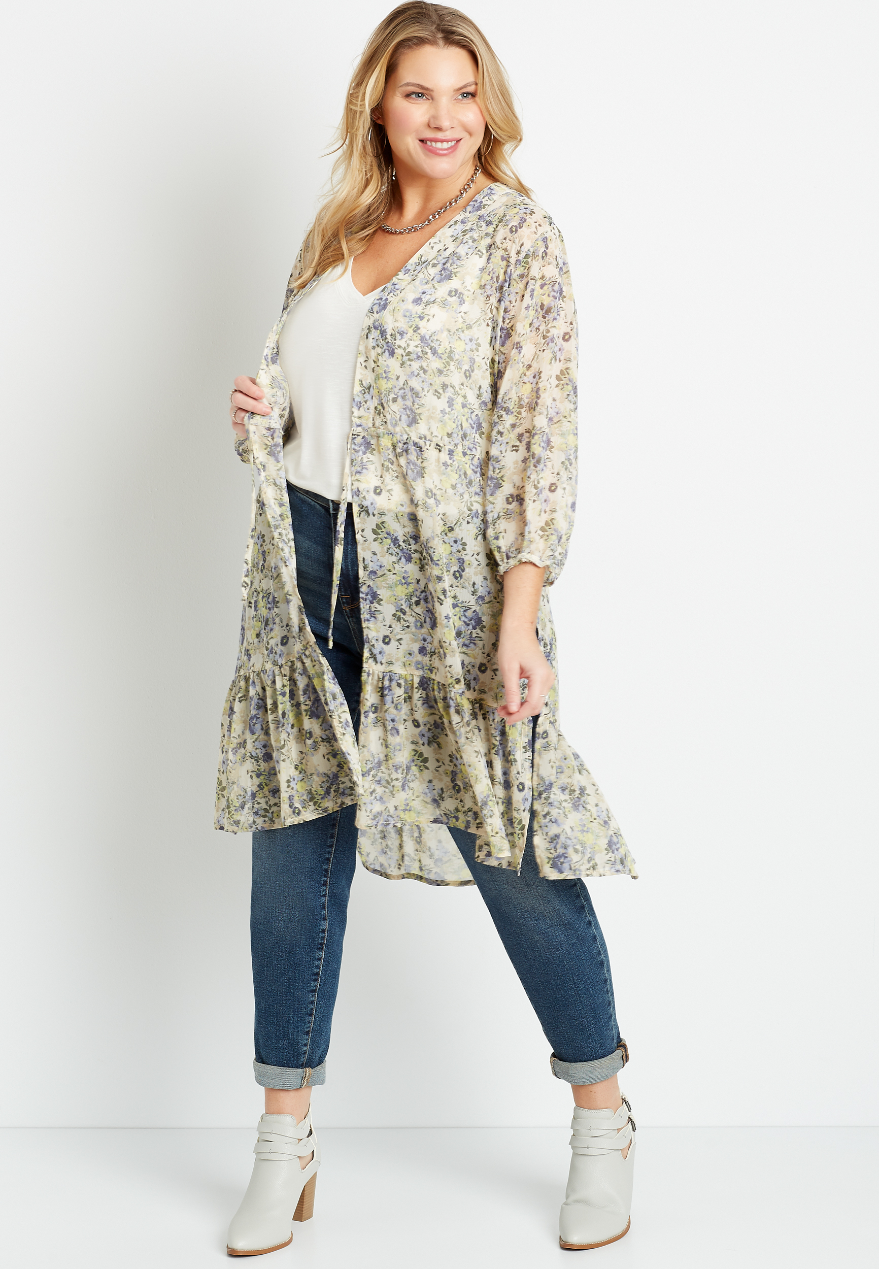 Image of Maurices Plus Size Womens Floral Tie Waist Kimono Brown