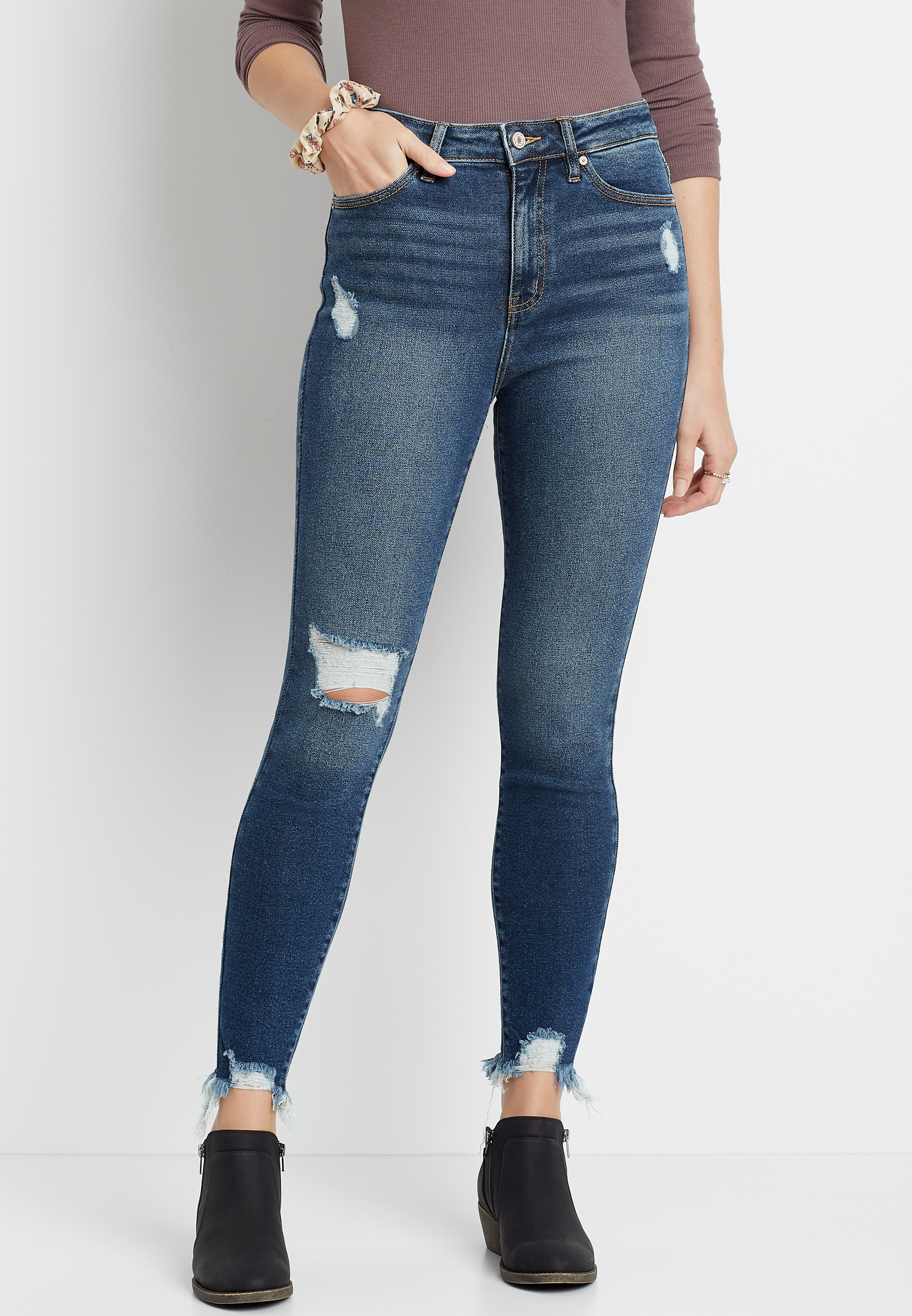 Image of Maurices Womens Kancan&trade; High Rise Dark Destructed Hem Skinny Jeans Blue