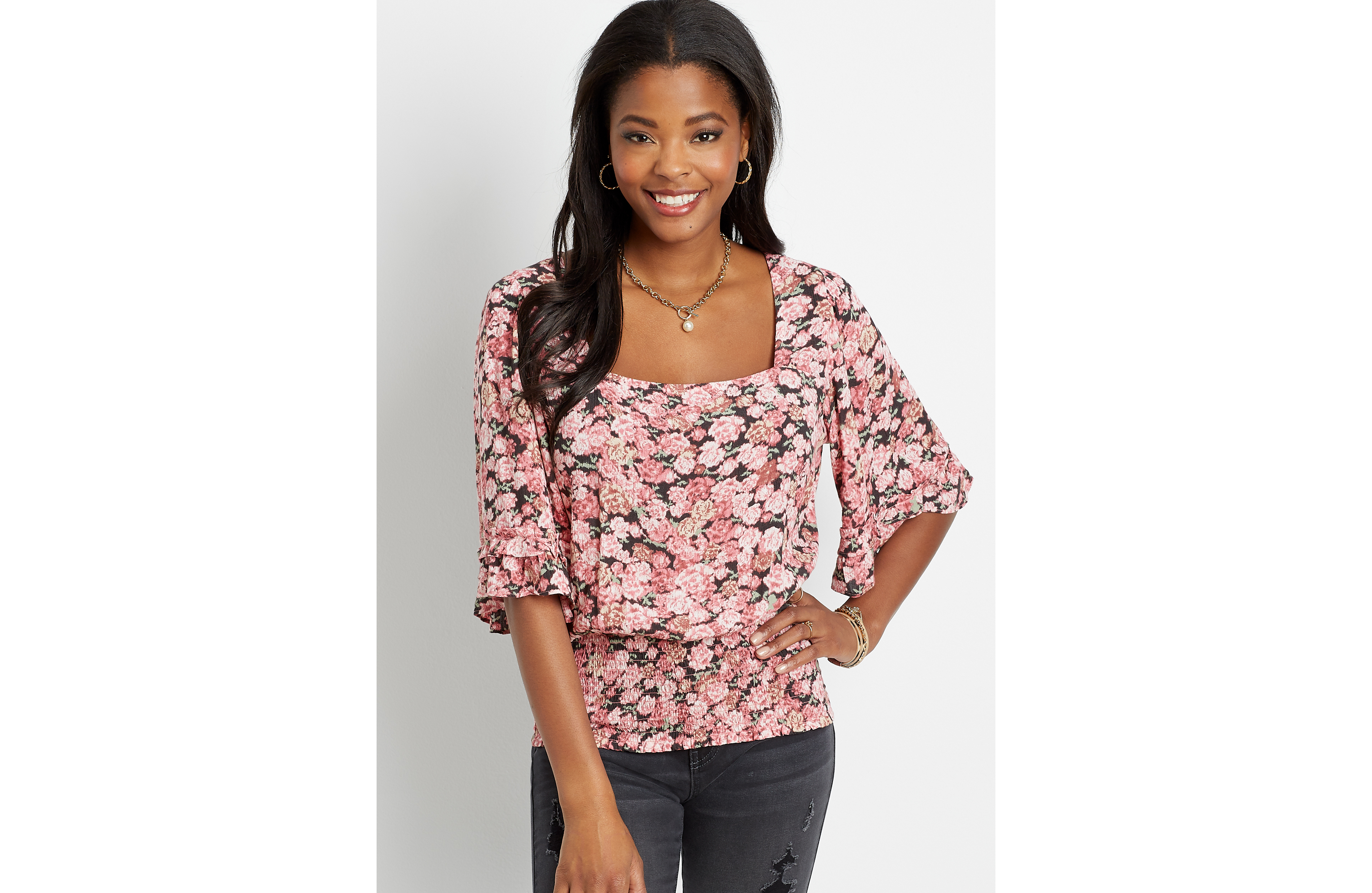 Floral Square Neck Smocked Bottom Top