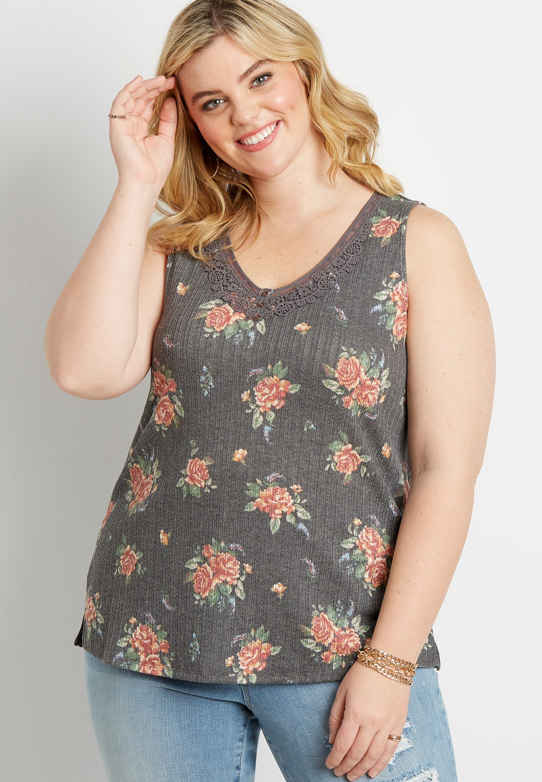 Image of Maurices Plus Size Womens Gray Floral Lace Henley Tank Top
