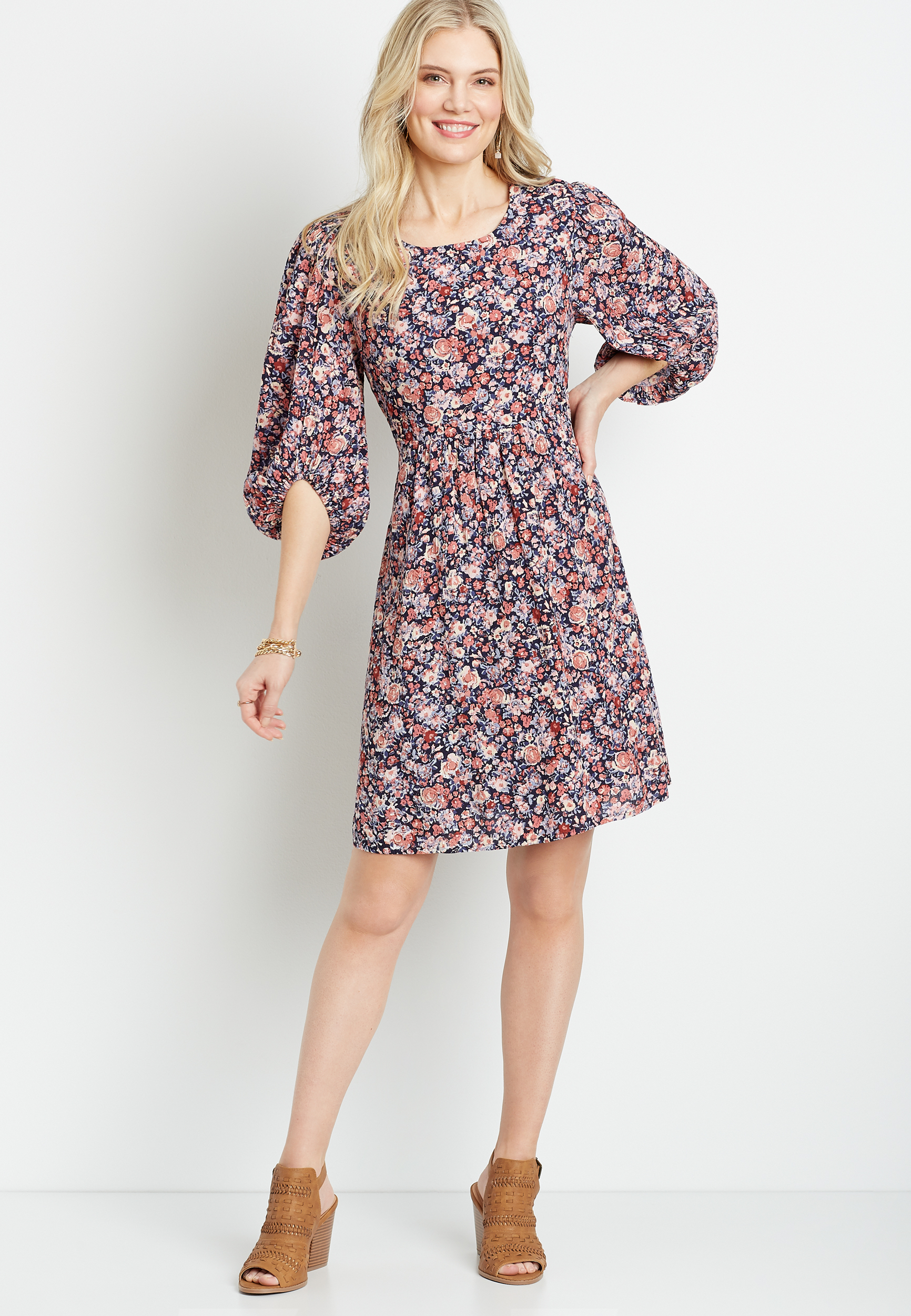 Blue Floral Balloon Sleeve Babydoll Dress | maurices