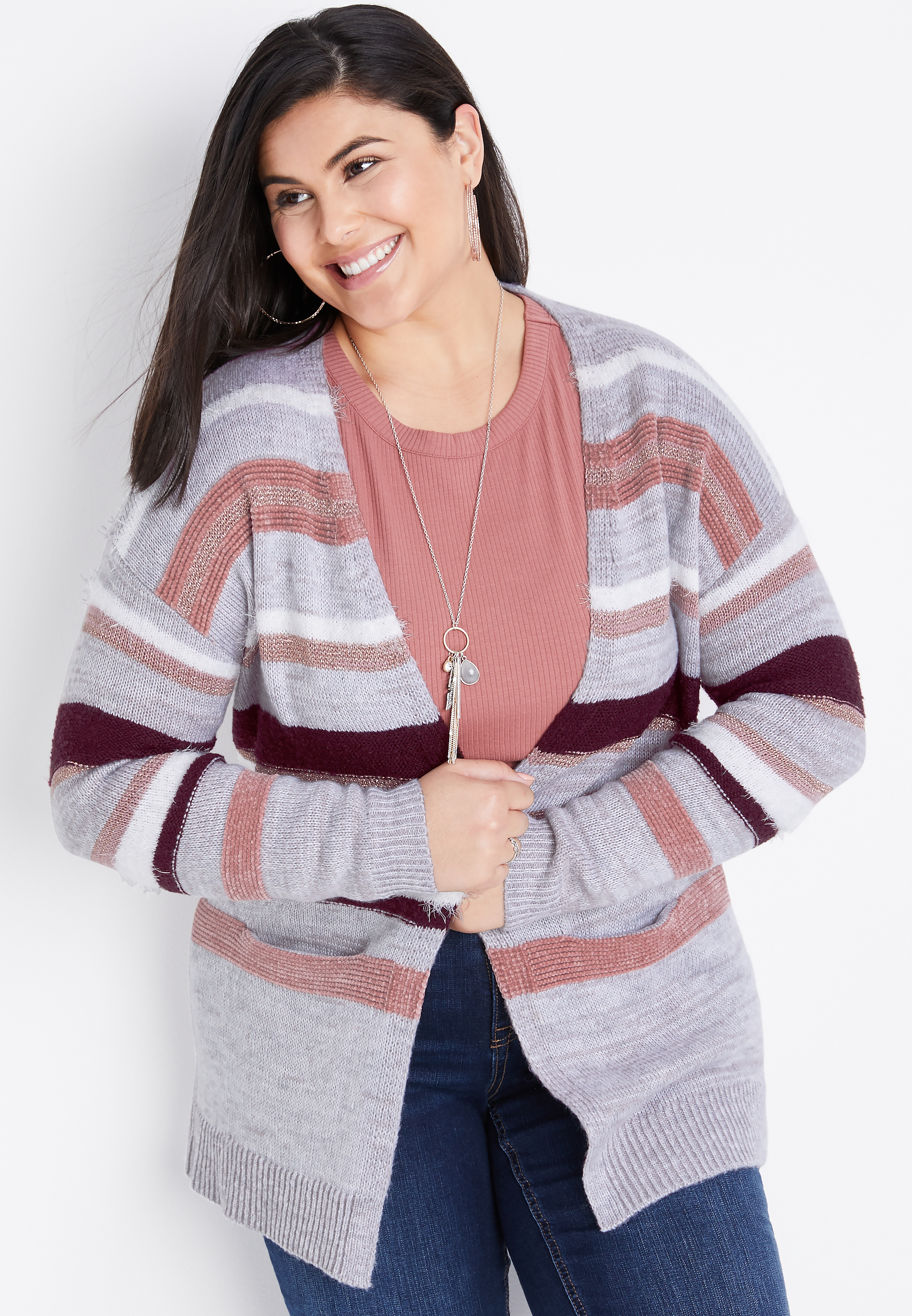 Plus Size Gray Multi Stripe Pocket Open Front Cardigan | maurices