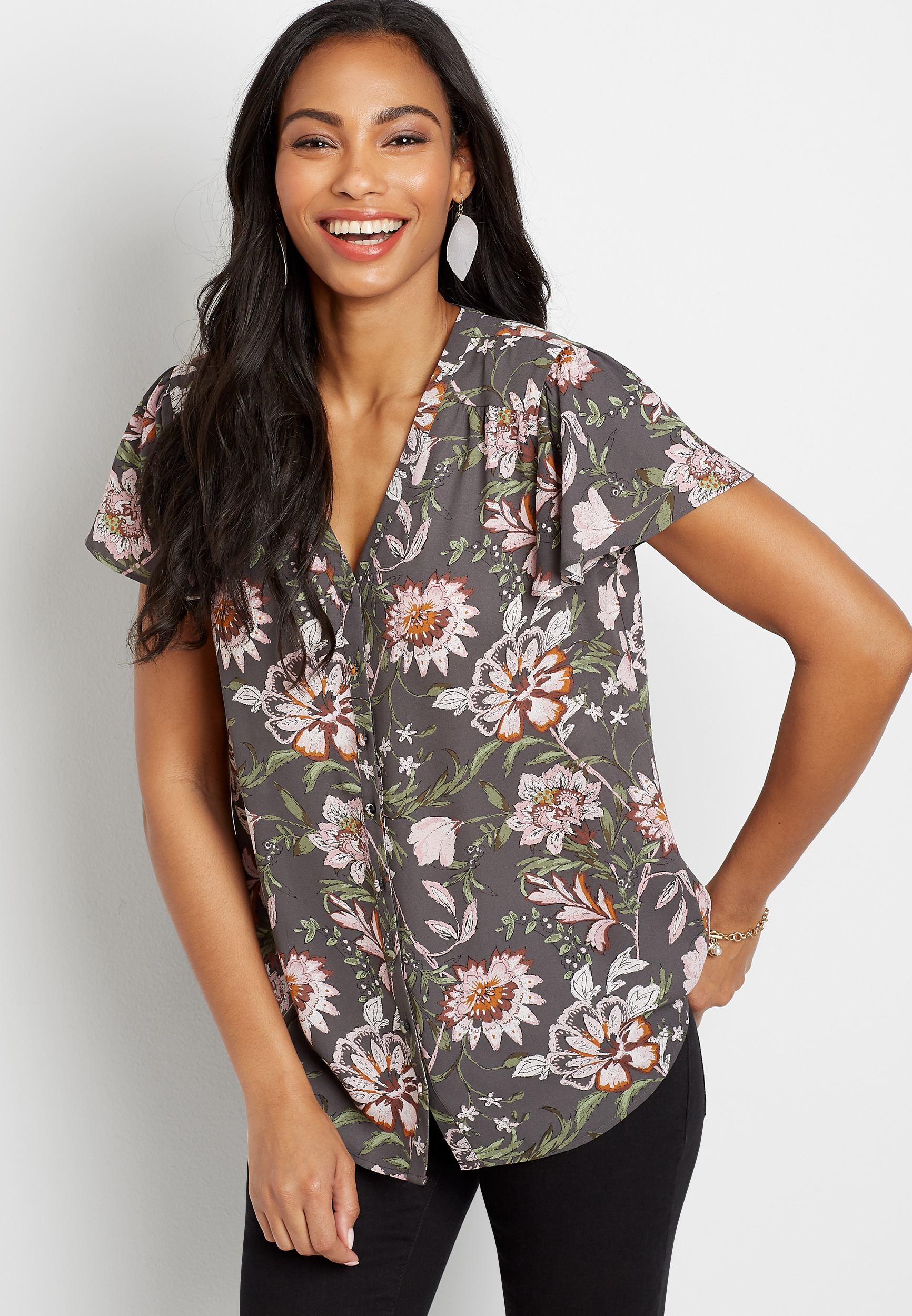 Gray Floral Flutter Sleeve Button Front Blouse | maurices
