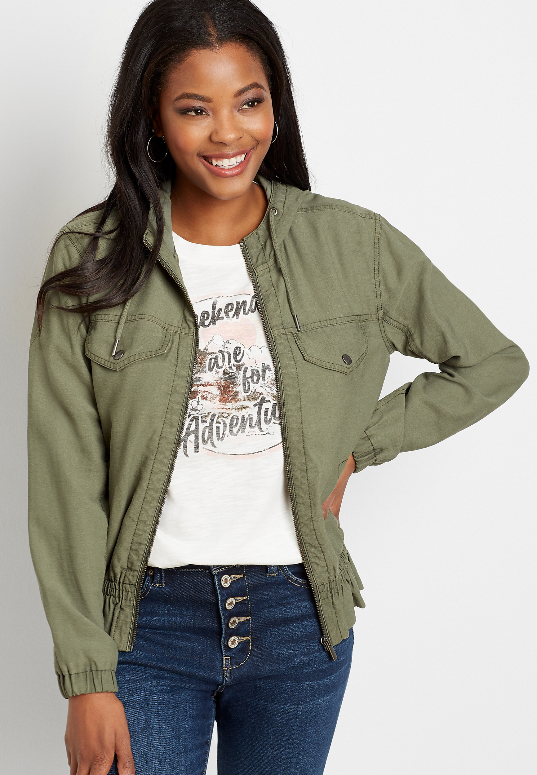 Green Peplum Cropped Hooded Military Jacket | maurices