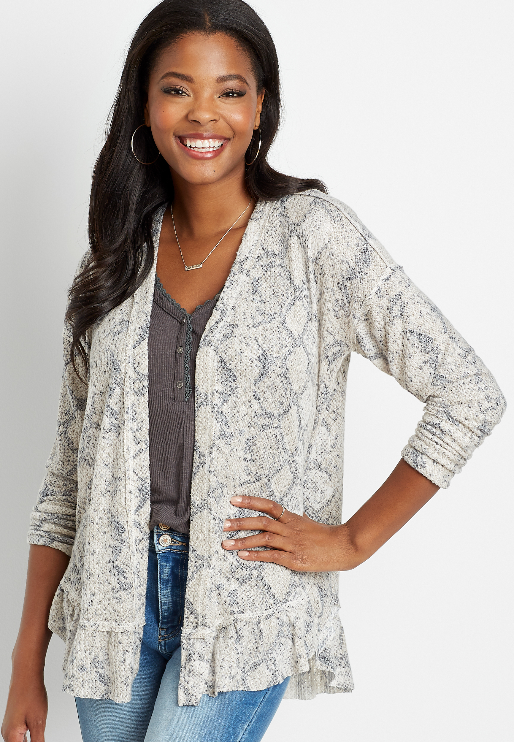 Snakeskin Ruffle Hem Open Front Cardigan | maurices