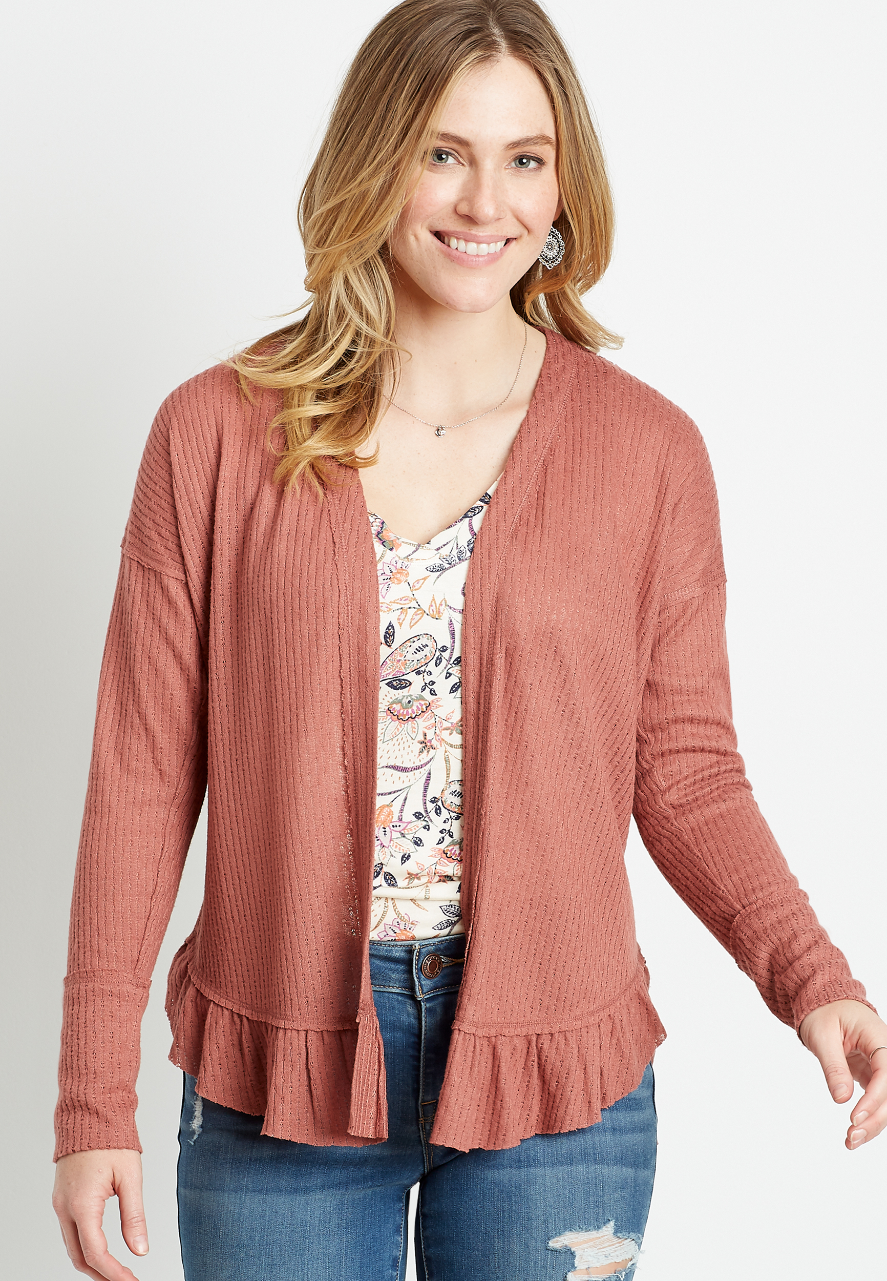 Solid Ruffle Hem Open Front Cardigan | maurices