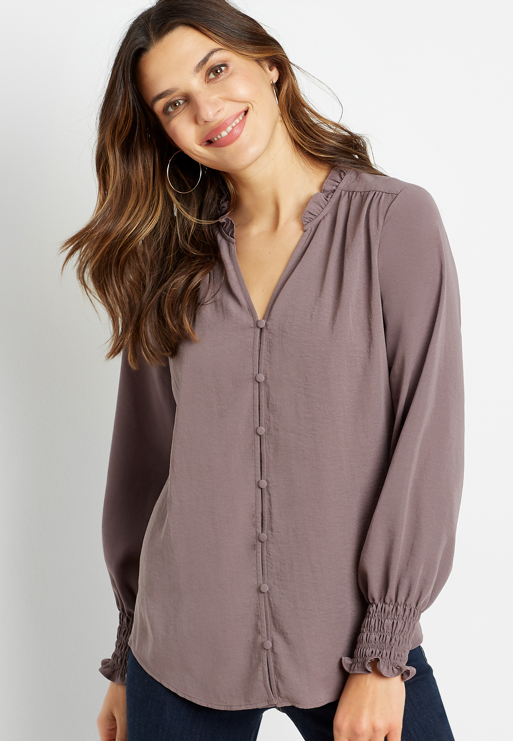 Brown Button Down Ruffle Neck Blouse | maurices