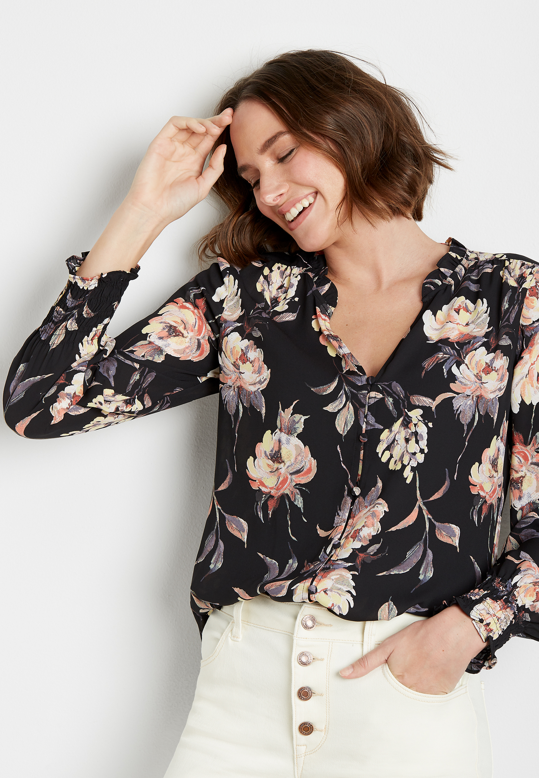 black ruffle neck blouse