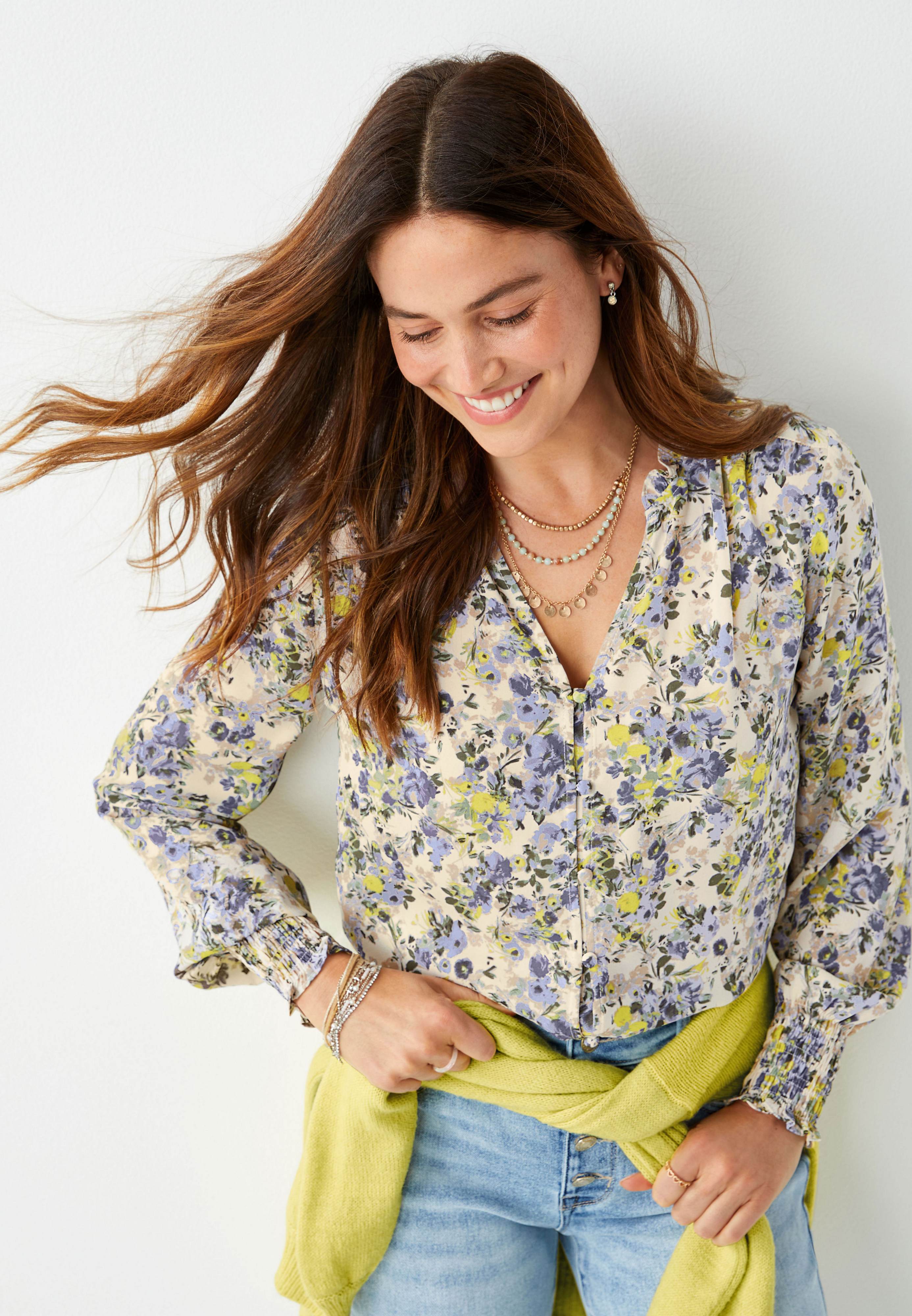 Yellow Floral Button Down Ruffle Neck Blouse | maurices