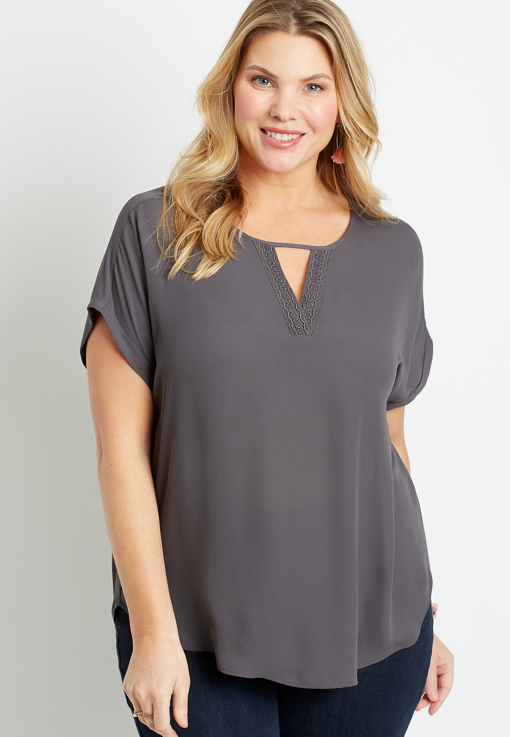 Plus Size Gray Cut Out Crochet Neck Short Sleeve Blouse | maurices