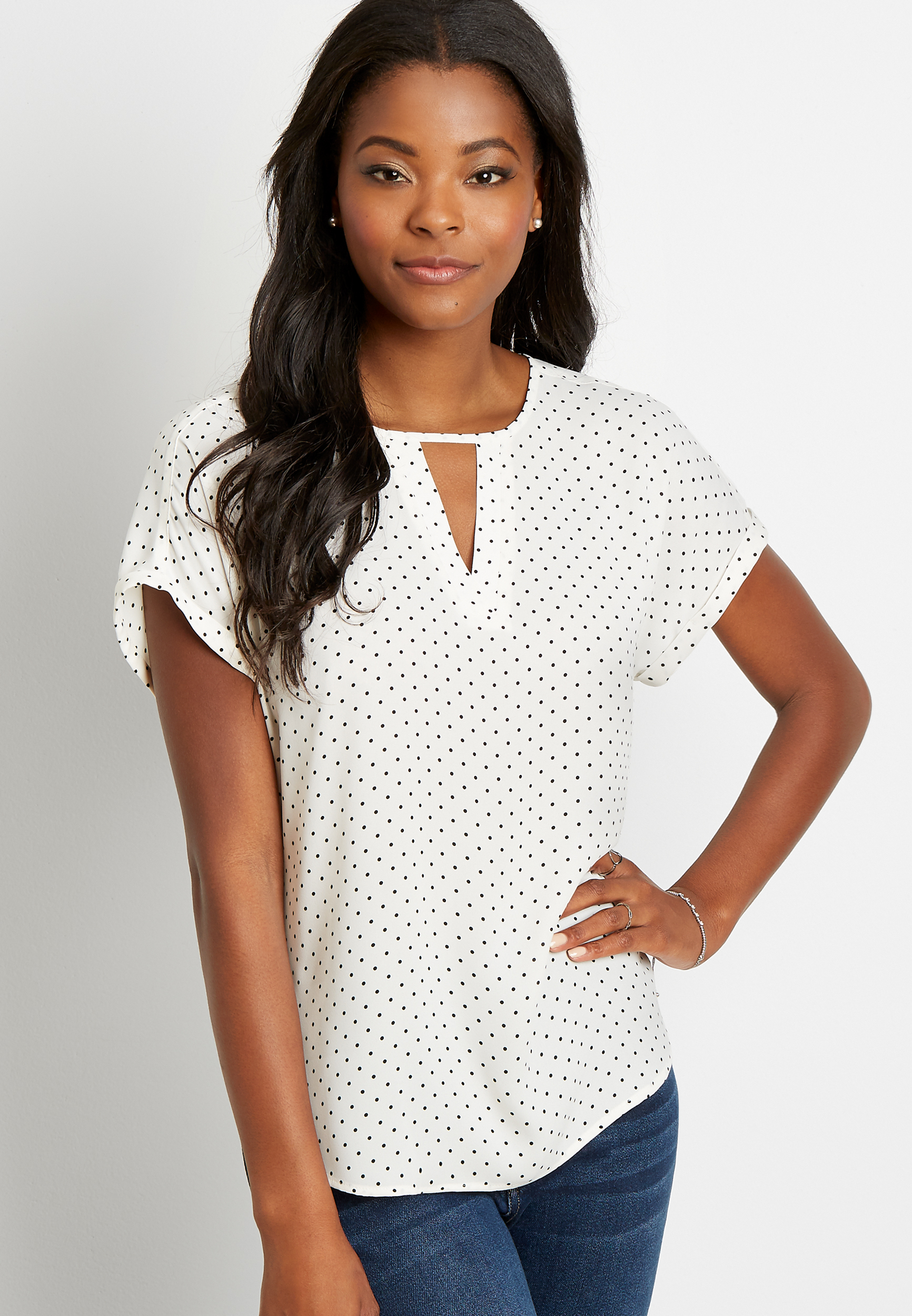 White Polka Dot Cut Out Neck Short Sleeve Blouse | maurices