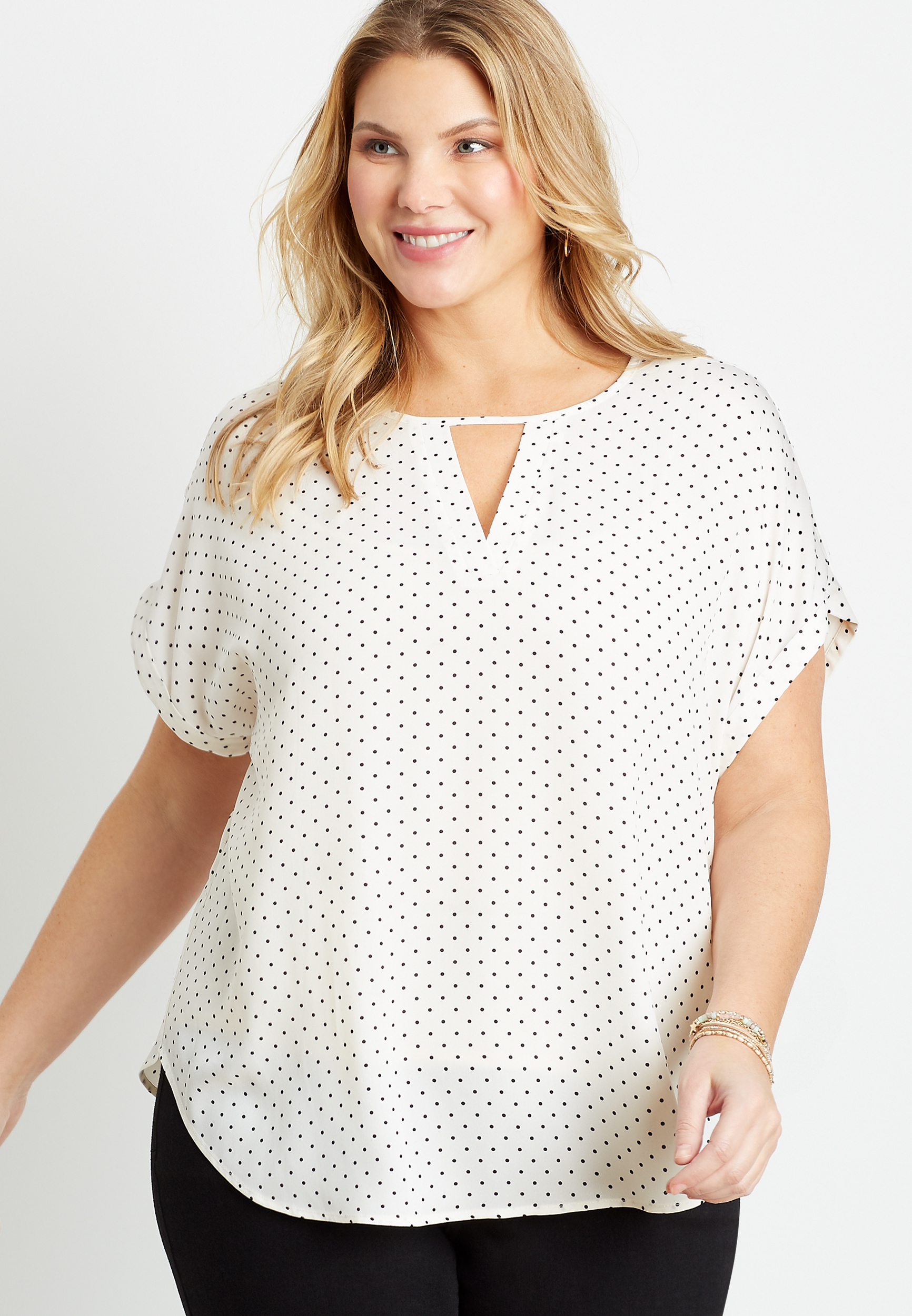 Plus Size White Polka Dot Cut Out Neck Short Sleeve Blouse | maurices