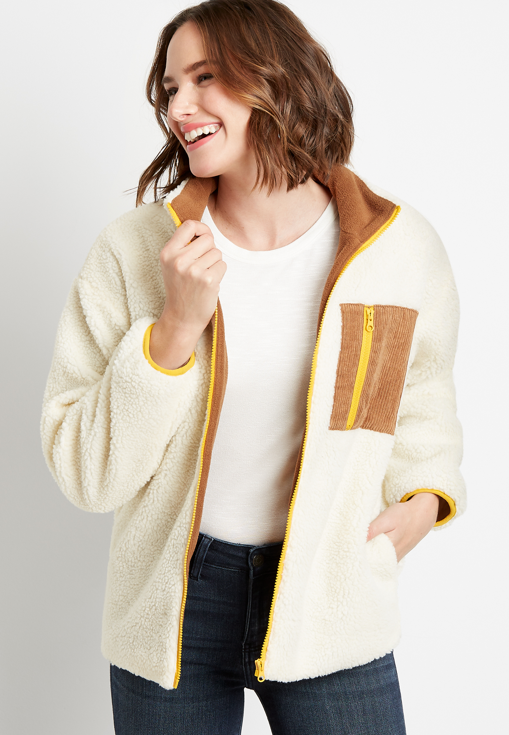 White Sherpa Contrast Zipper Jacket maurices