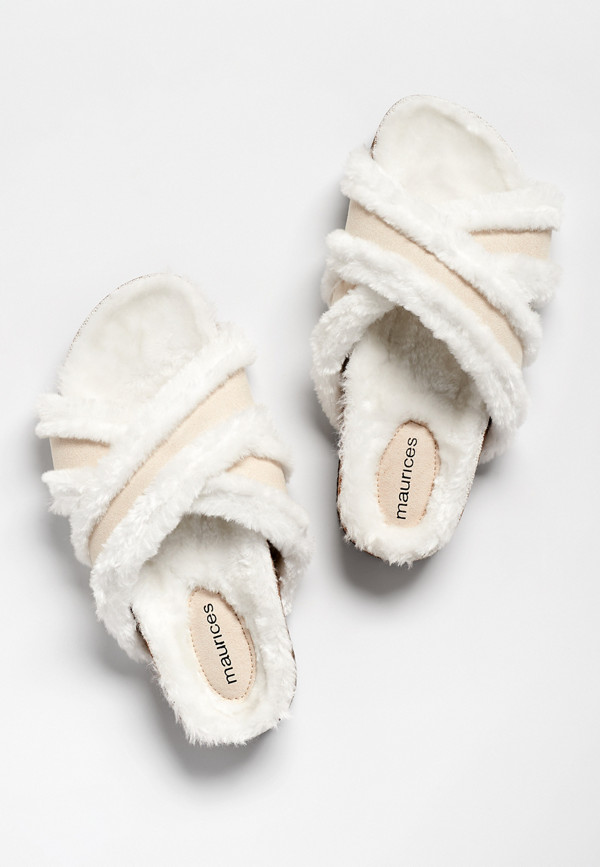 Opal Ivory Criss Cross Faux Fur Lined Slipper | maurices