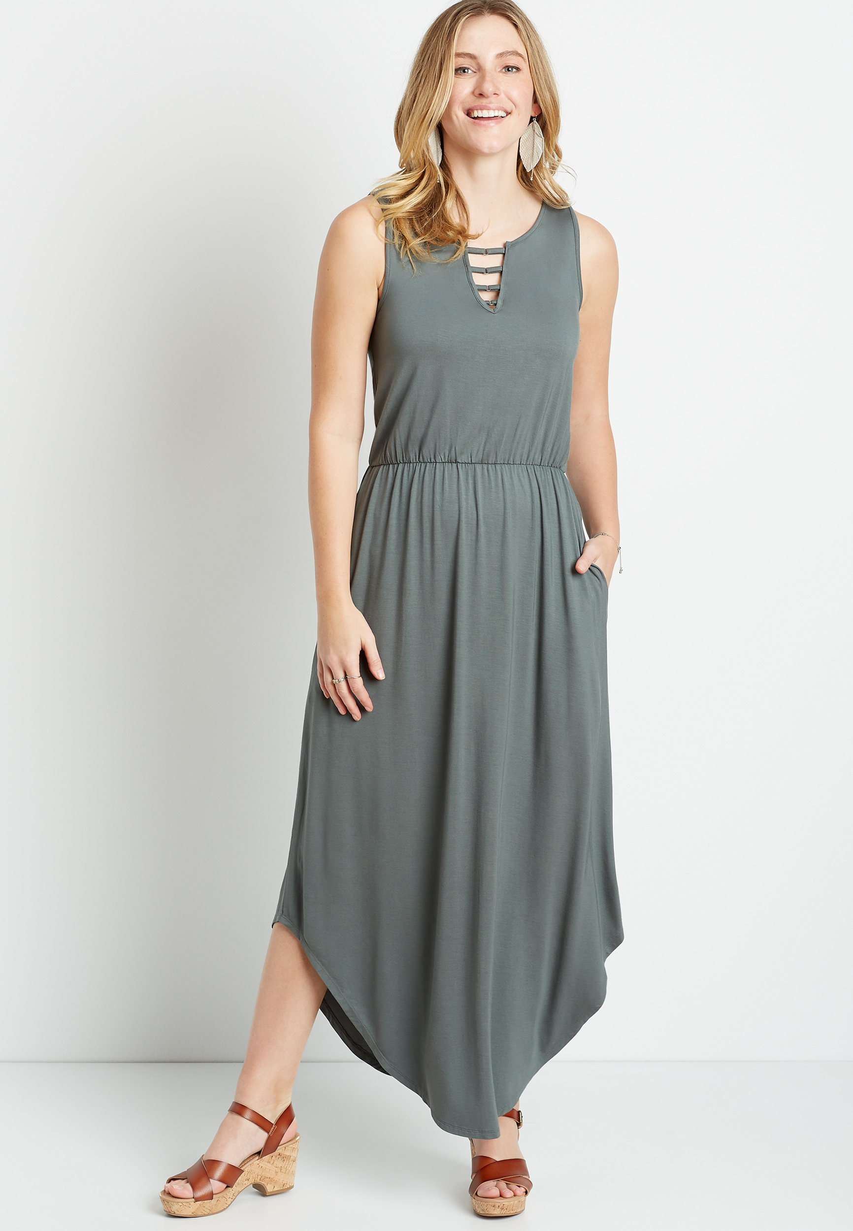 Green Strappy Metal Neck Maxi Dress | maurices
