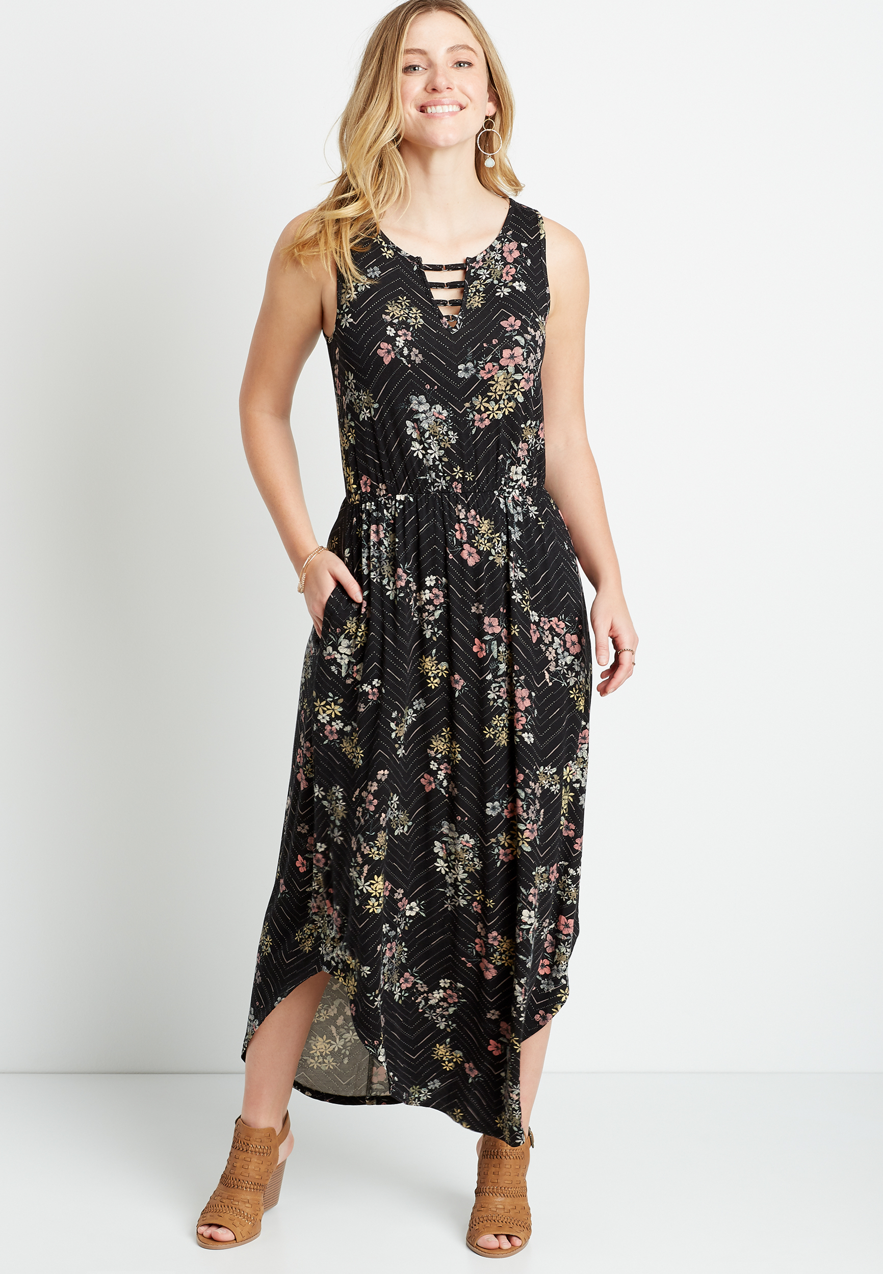 Black Chevron Floral Strappy Metal Neck Maxi Dress | maurices