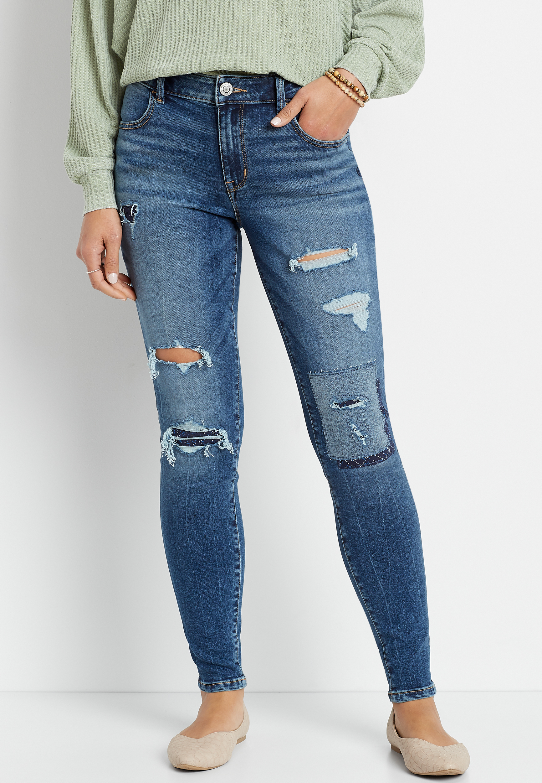 m jeans by maurices™ DenimFlex™ High Rise Dark Patchwork Ripped Jegging ...