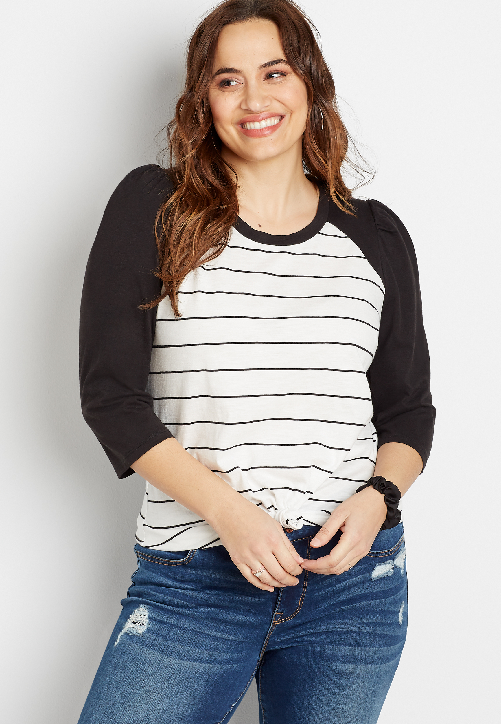 Plus Size 24/7 Black Stripe Puff Sleeve Baseball Tee maurices