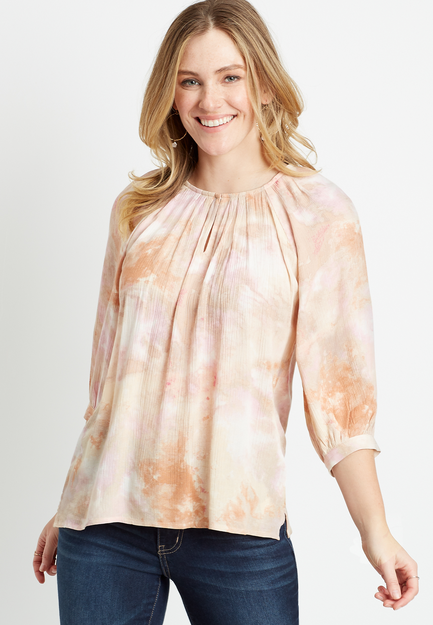 Tie Dye 3/4 Sleeve Peasant Top maurices