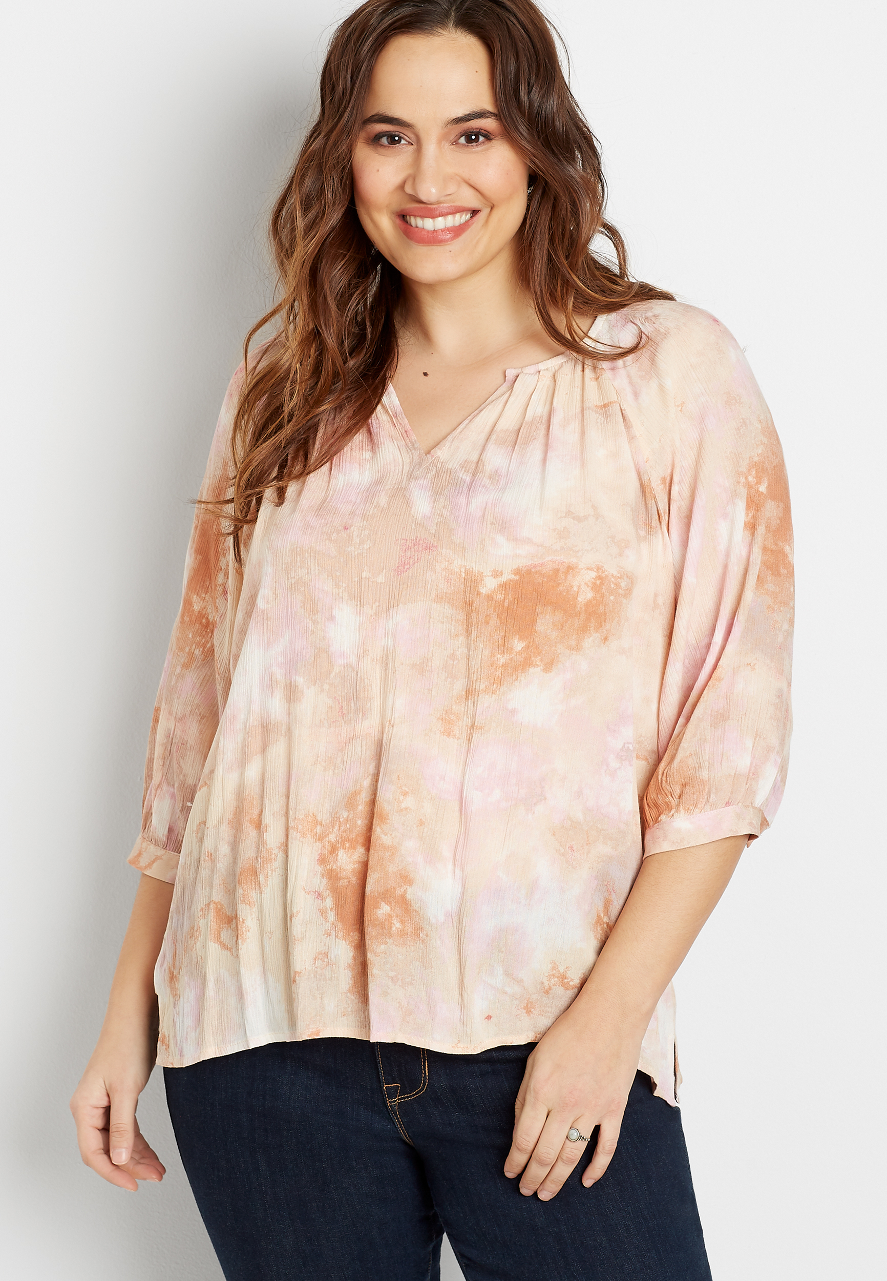 Plus Size Tie Dye 3/4 Sleeve Peasant Top | maurices