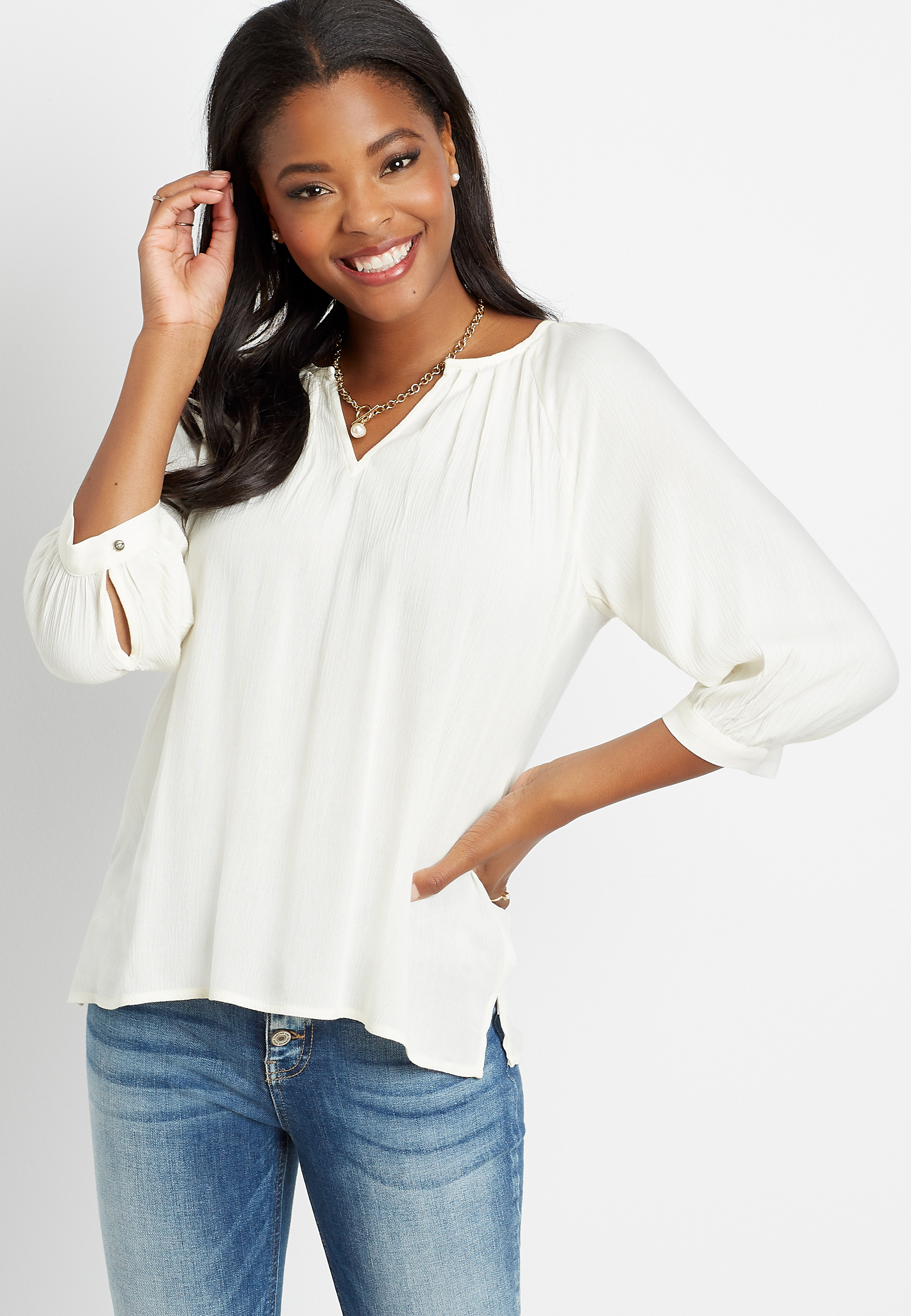 White 3/4 Sleeve Peasant Top | maurices