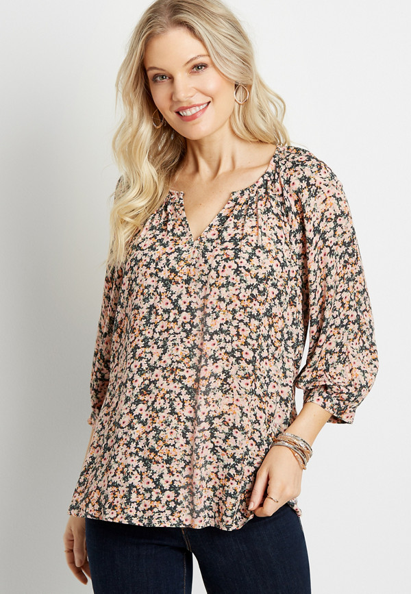 Ditsy Floral 3/4 Sleeve Peasant Top | maurices