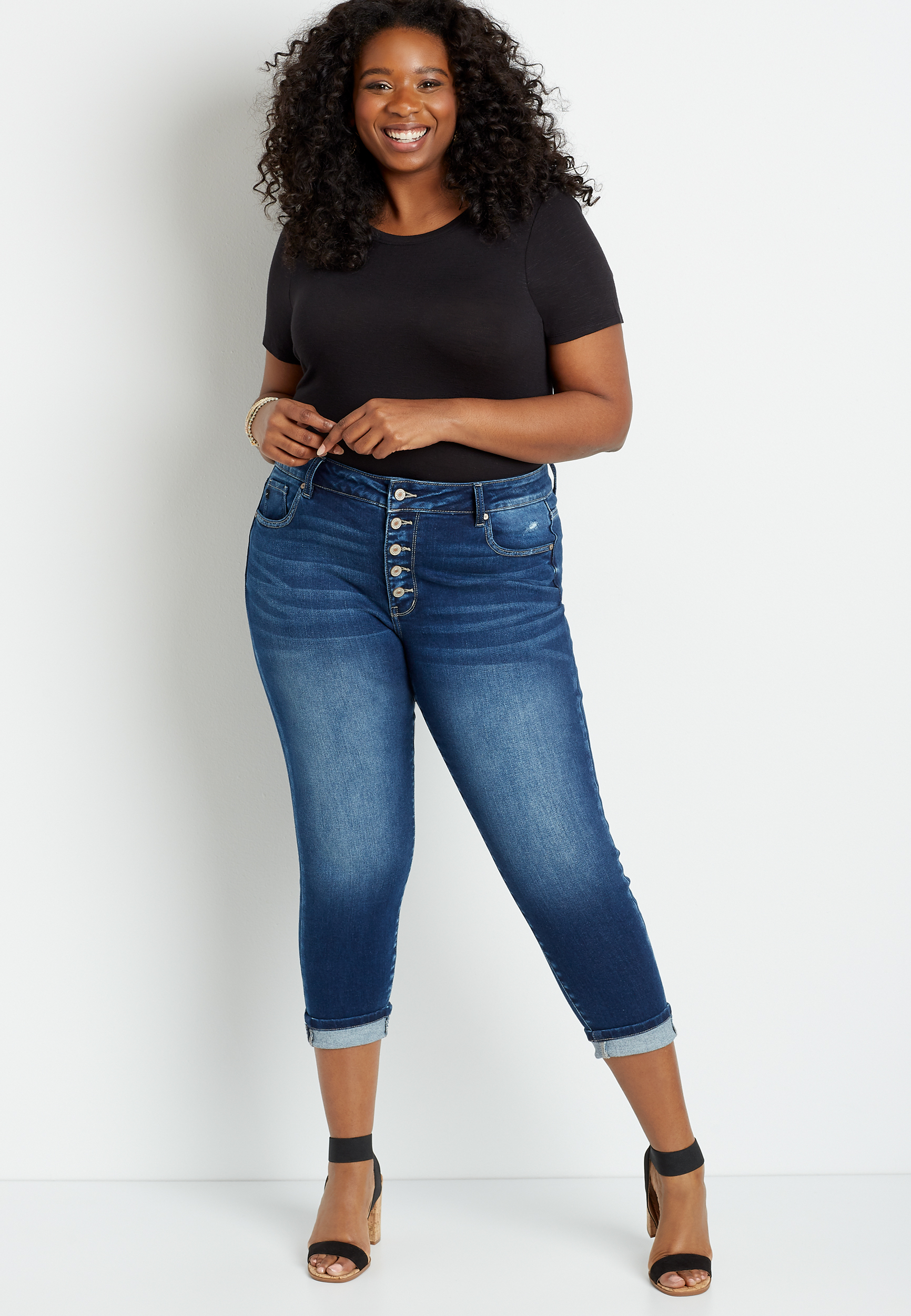 Plus Size KanCan™ High Rise Dark Button Fly Cropped Jean | maurices