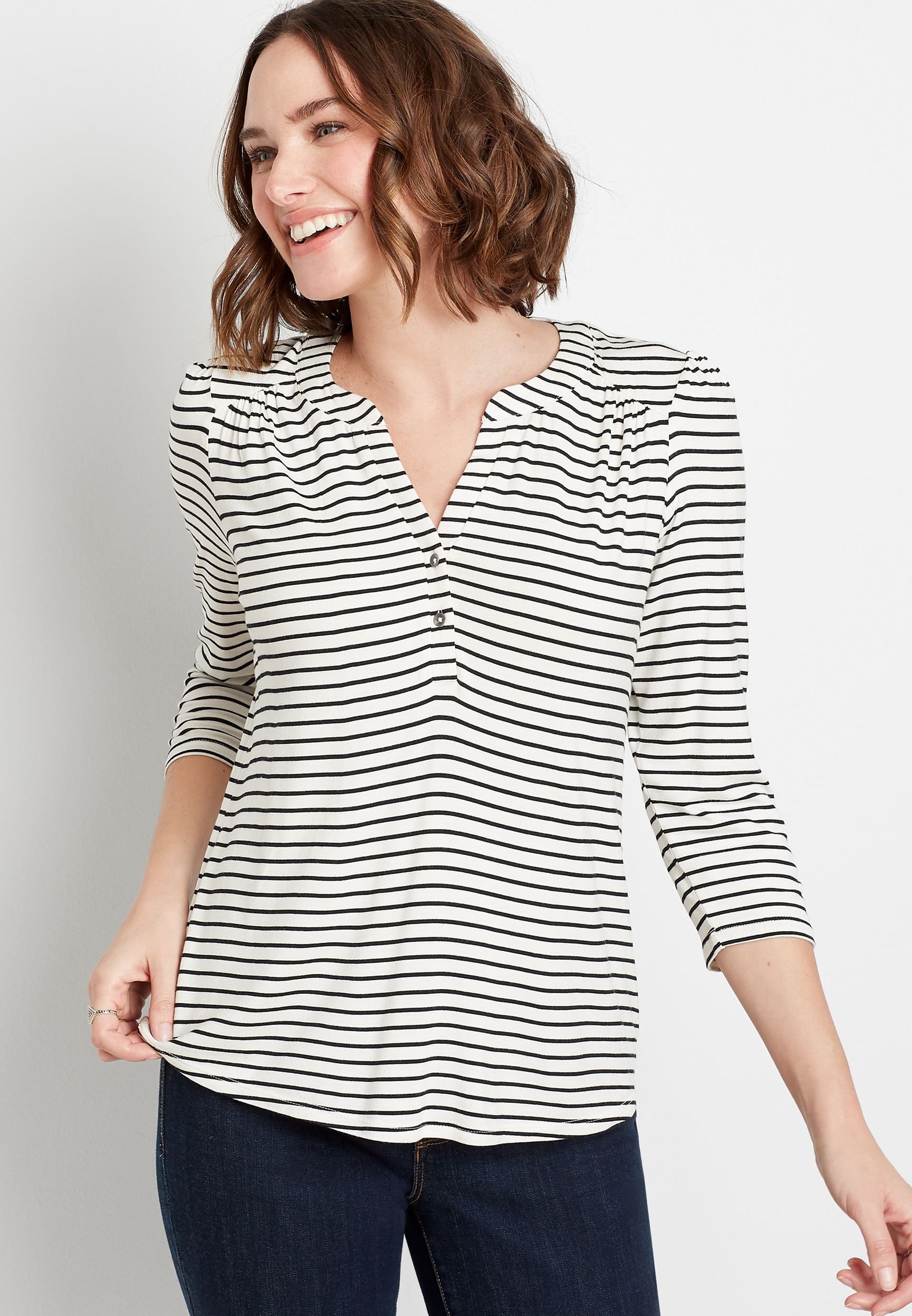 24/7 White Stripe Button Front 3/4 Sleeve Tee | maurices