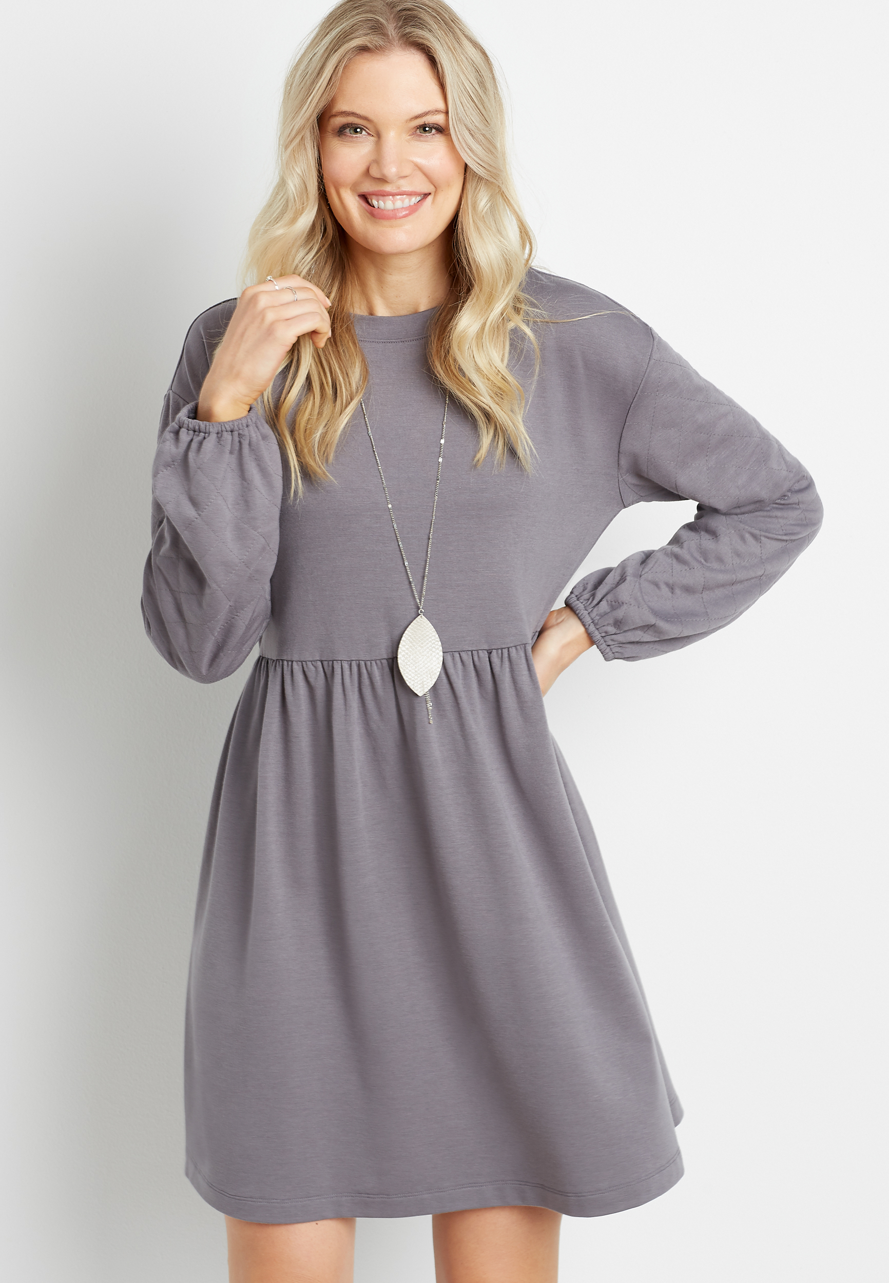 Gray Quilted Sleeves Sweatshirt Dress | maurices