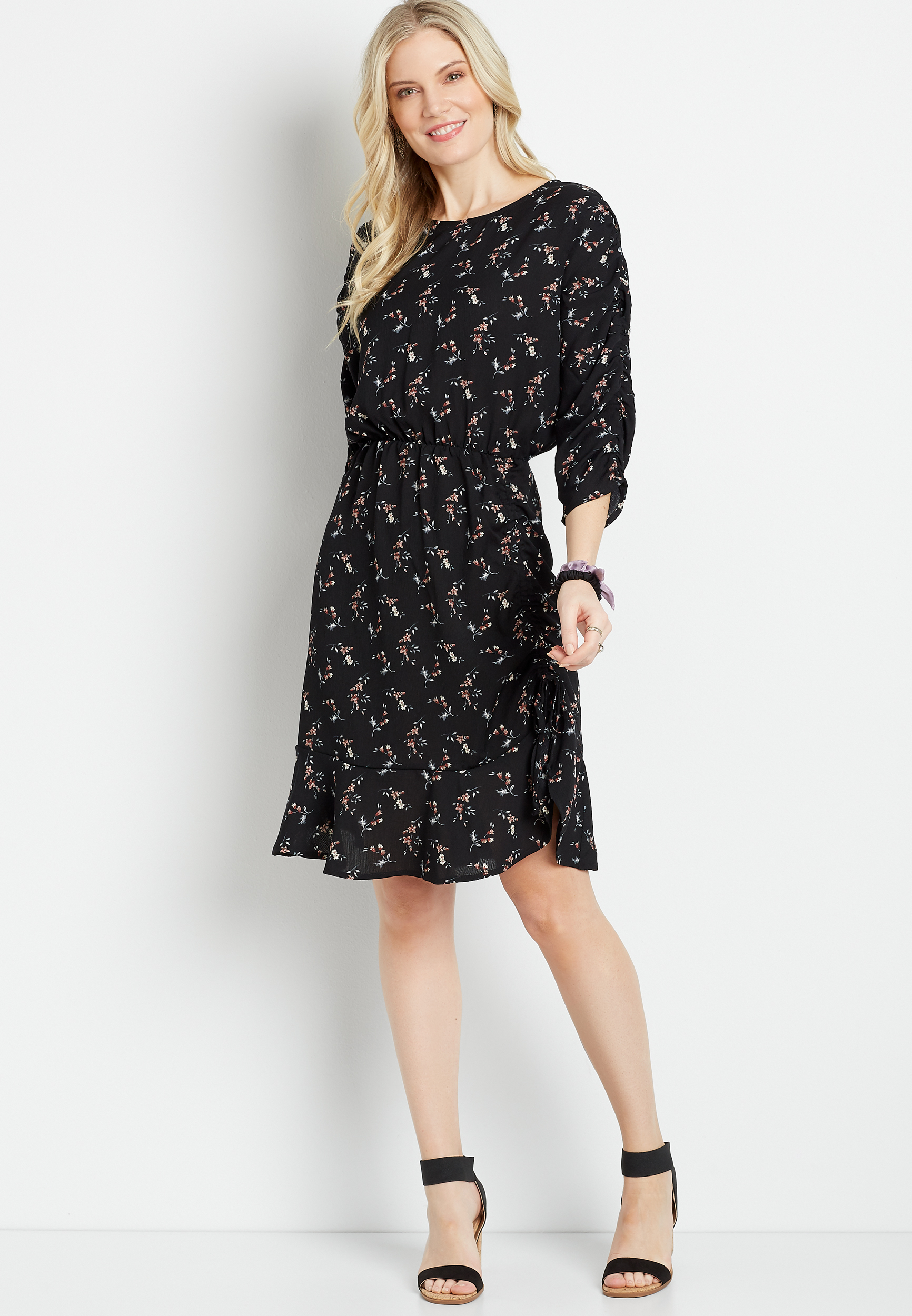 Black Floral Cinched Front Mini Dress | maurices